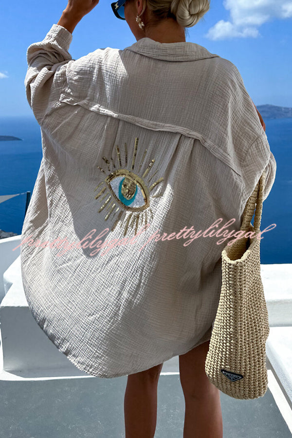 Summer Breeze Linen Blend Sequin Magic Eye Design Oversized Relax Shirt for Women | Boho Chic Beach Cover Up | Casual Loose Fit Blouse for Vacation, Party & Date Night