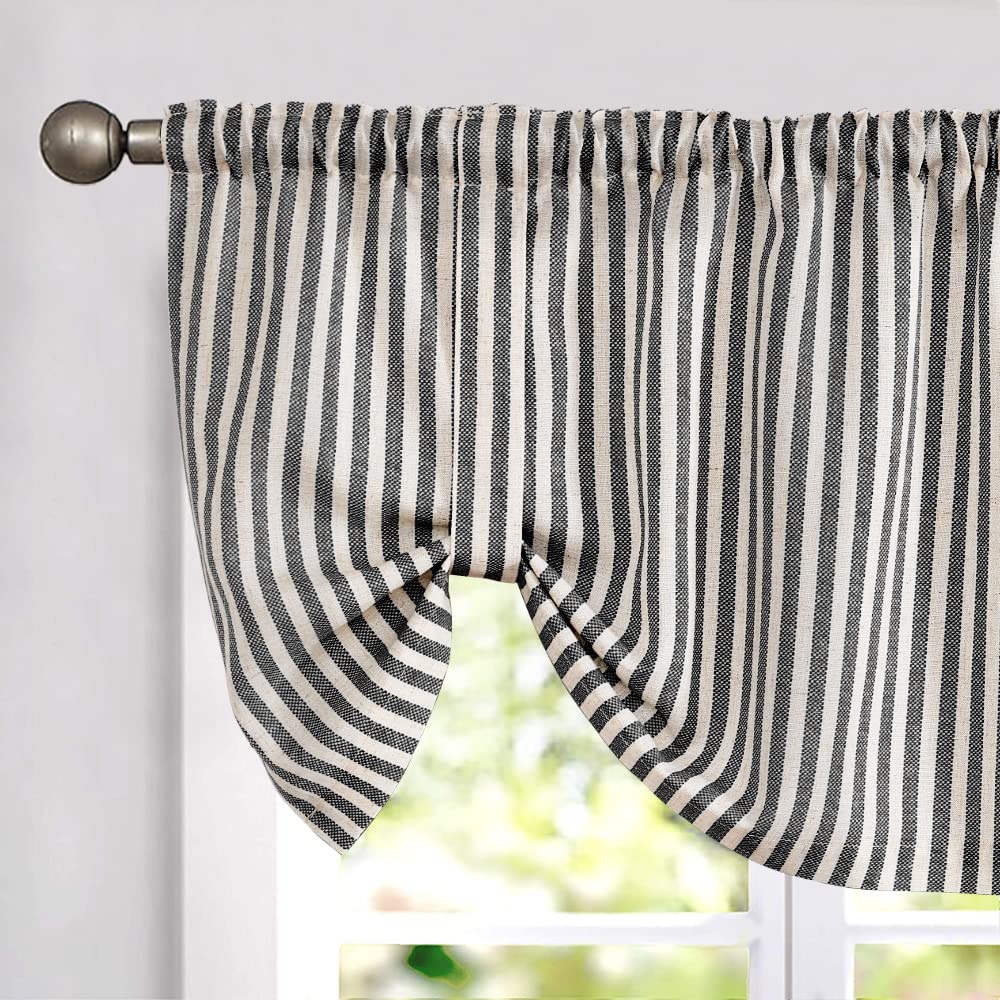 Jinchan Striped Tie-Up Valance Curtains - 18 Inch Adjustable Farmhouse Window Valance with Rod Pocket, Black on Beige Pinstripe Design - Perfect for Kitchen, Living Room & Farmhouse Style Decor