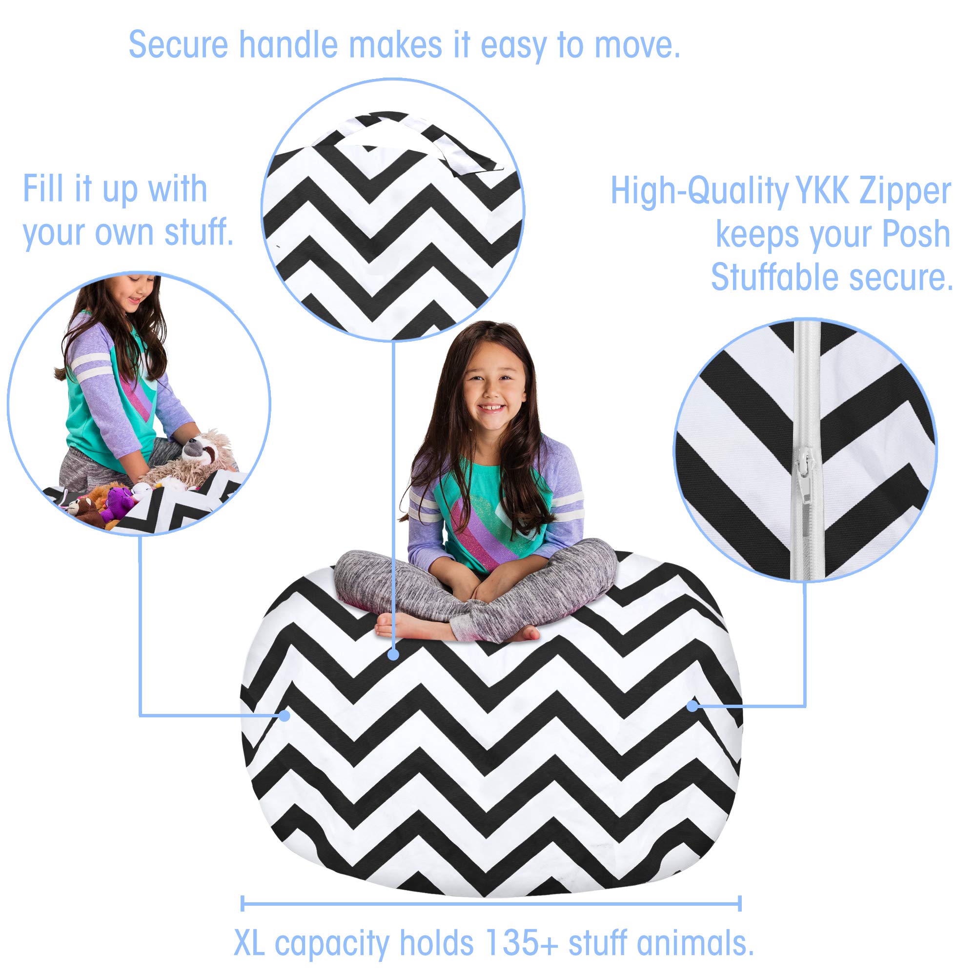 Posh Creations Kids Stuffed Animal Storage Bean Bag Chair Cover - XL 48in Toy Organizer for Children's Room, Durable Canvas Chevron Black & White Design - Perfect for Playroom, Bedroom & Nursery Organization