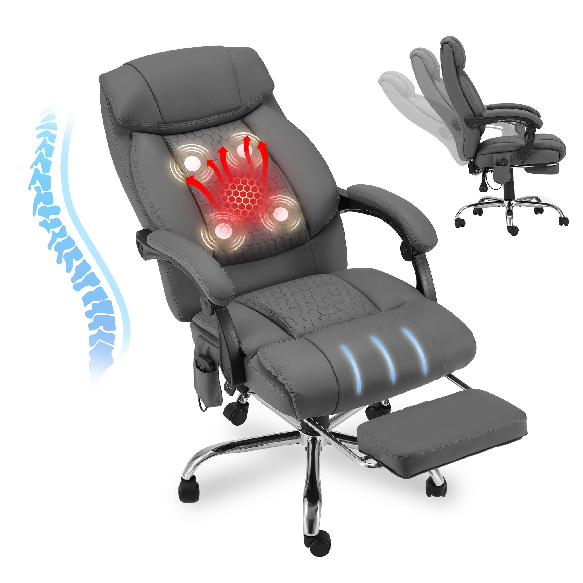 HOMREST Ergonomic Reclining Office Chair with 4-Point Massage & Heating - Adjustable Executive Chair with Retractable Footrest - Gray Home Computer Desk Chair for Work, Gaming & Relaxation - Perfect for Home Office, Study & Workspace Comfort
