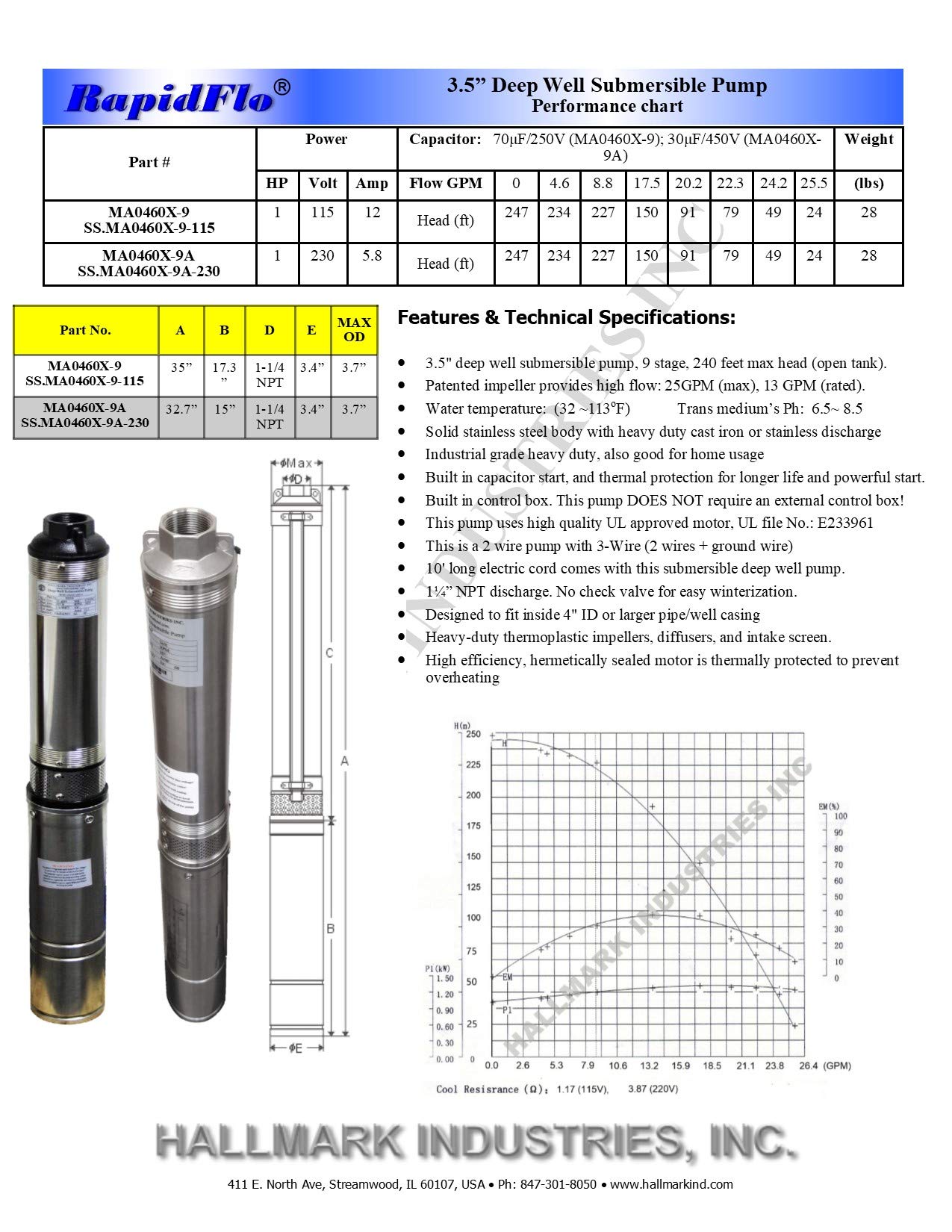 Hallmark Industries SS.MA0460X-9A-230 Stainless Steel Deep Well Pump - 1 HP, 3.5 Inch, 230V/60HZ/1PH, Max 207ft Depth, 25 GPM Flow Rate, 9 Stage - Ideal for Residential Water Supply, Irrigation Systems & Agricultural Use