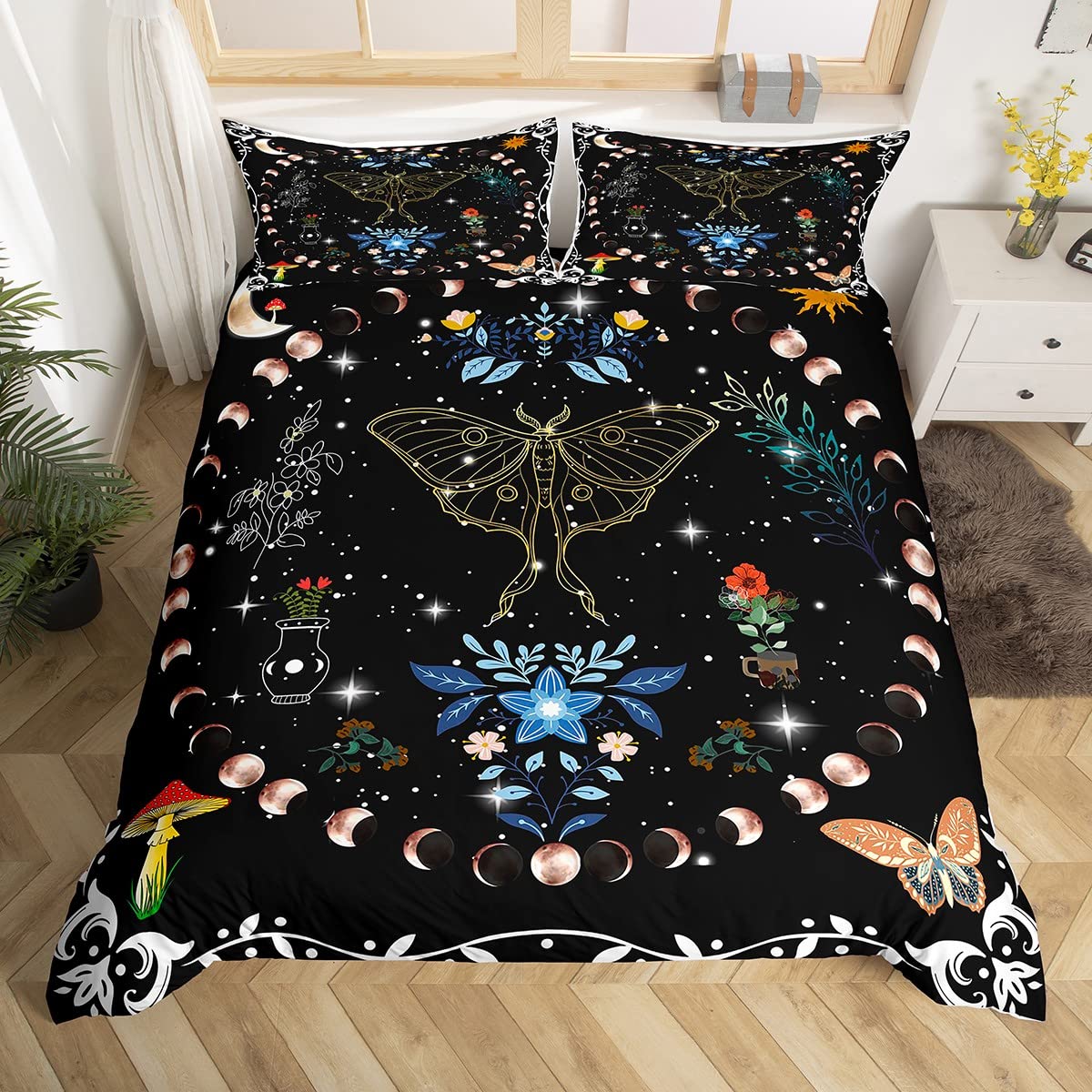 Trippy Moon Phase Duvet Cover Twin Size - Gothic Moth Butterfly Mushroom Bedding Set with Galaxy Glitter Stars & 1 Pillowcase - Perfect for Kids, Teens & Boho Bedrooms (Zipper Closure & Ties)