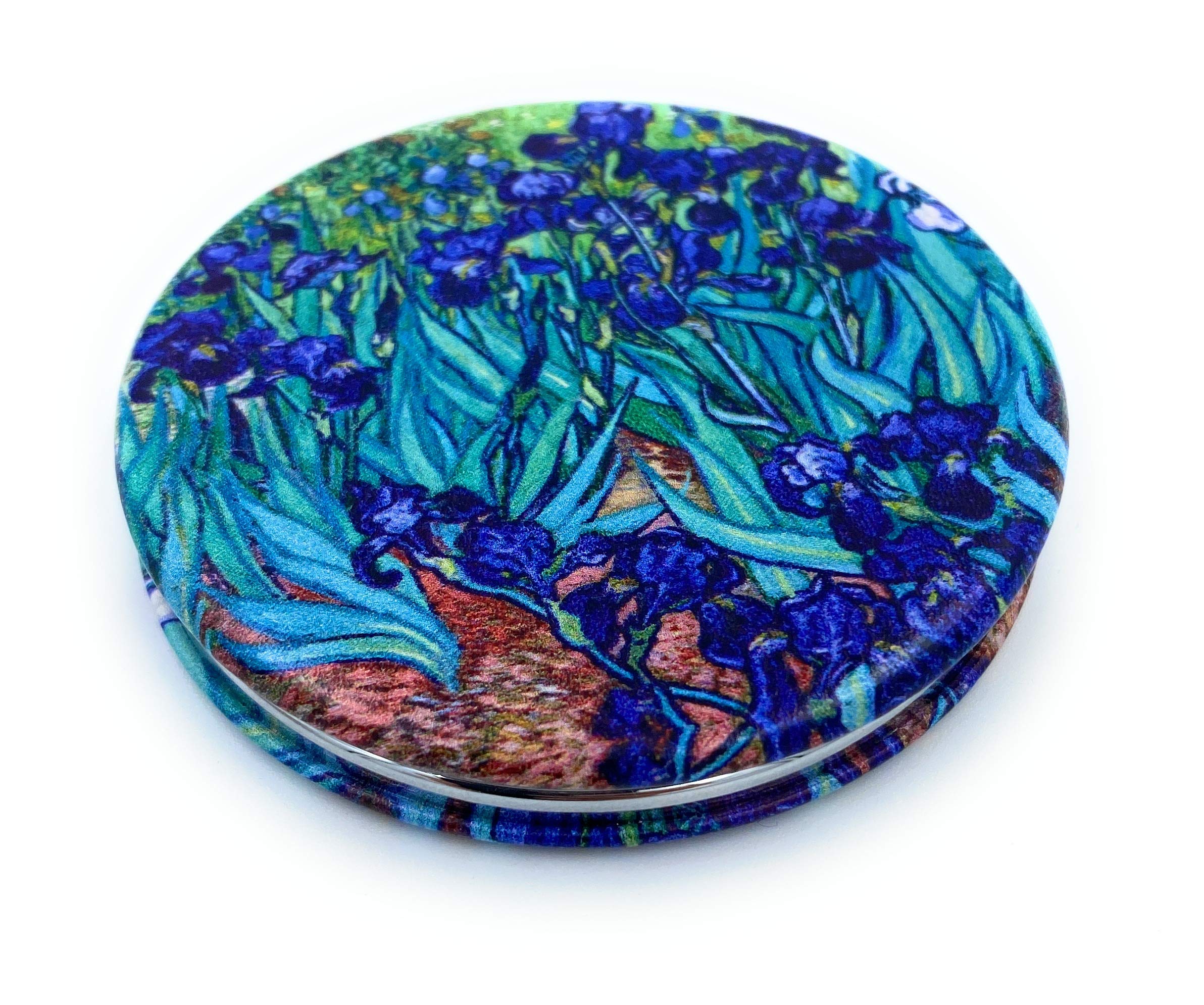 Van Gogh Irises Flower Compact Mirror for Women - Small Travel Pocket Mirror with Magnifying Glass, Unique Artistic Gift for Mom - Perfect for Makeup Touch-ups, Travel & Purse Essentials