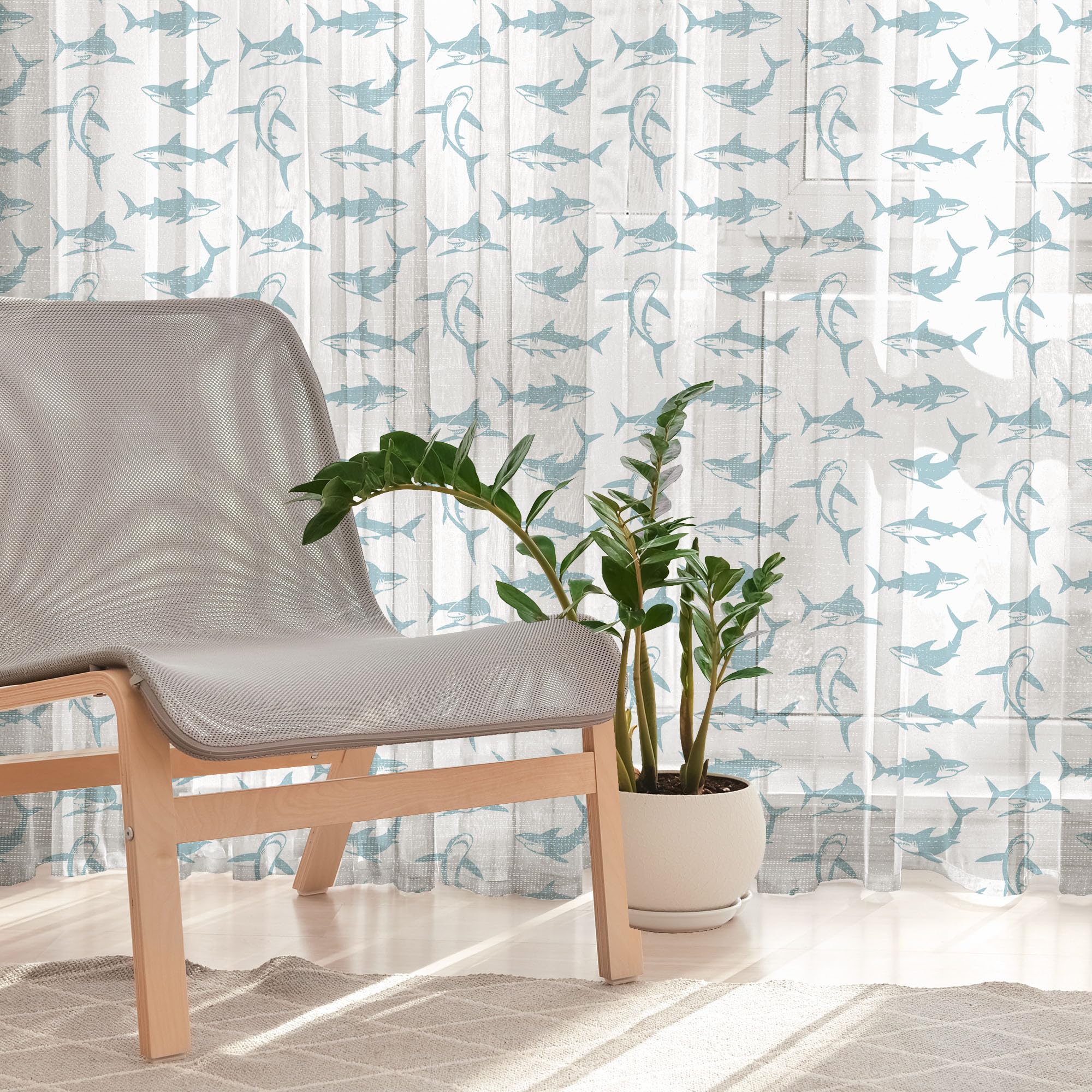 Ambesonne Shark Themed Tulle Curtains - Blue Marine Predator Design with Cartoon Fish & Sharp Teeth - Sheer Window Drapes for Bedroom, Living Room, or Kids Room - 2 Panels (108x96 Inches) - Rod Pocket for Easy Hanging - Perfect for Ocean Theme Decor, Birthday Parties & Weddings