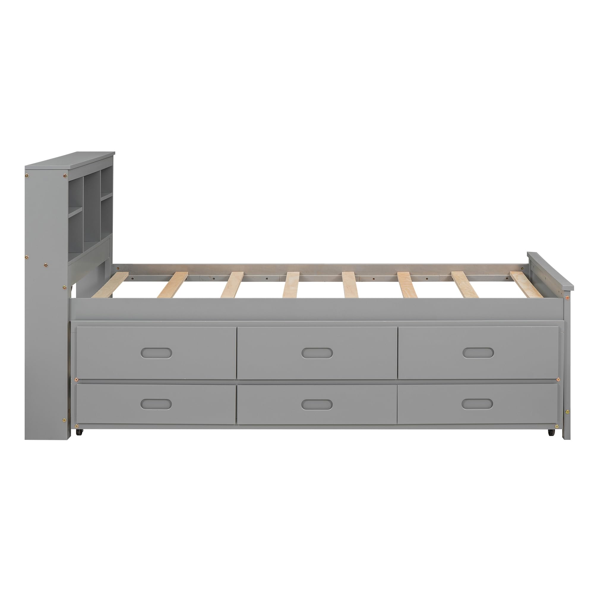 Harper & Bright Designs Twin Bed with Trundle and Storage Drawers, Wooden Twin Bed Frame with Bookcase Headboard & USB Ports - Space-Saving Solution for Kids, Teens & Adults (Gray) | Perfect for Small Bedrooms, Guest Rooms & Dormitories
