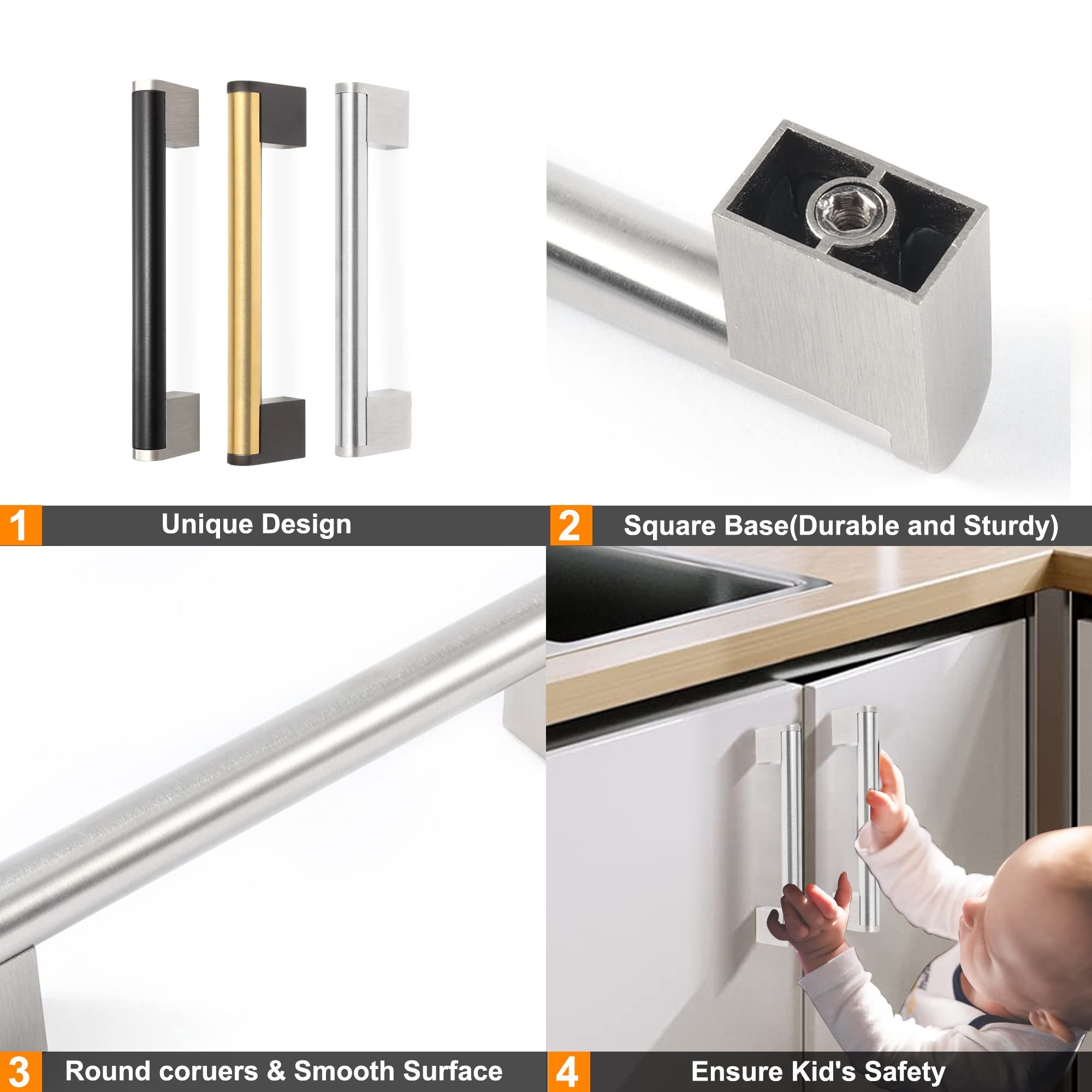FULGENTE 10 Pack Brushed Nickel Square Cabinet Handles - Stainless Steel Drawer Pulls for Kitchen & Bathroom Cabinets (7-1/2