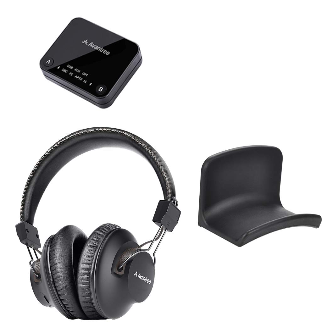 Avantree HT4189 & HS907 Wireless Headphones for TV with Bluetooth Transmitter - No Audio Delay, Plug & Play - Includes Wall Mount Headphone Holder - Perfect for Late Night TV Watching & Gaming Without Disturbing Others