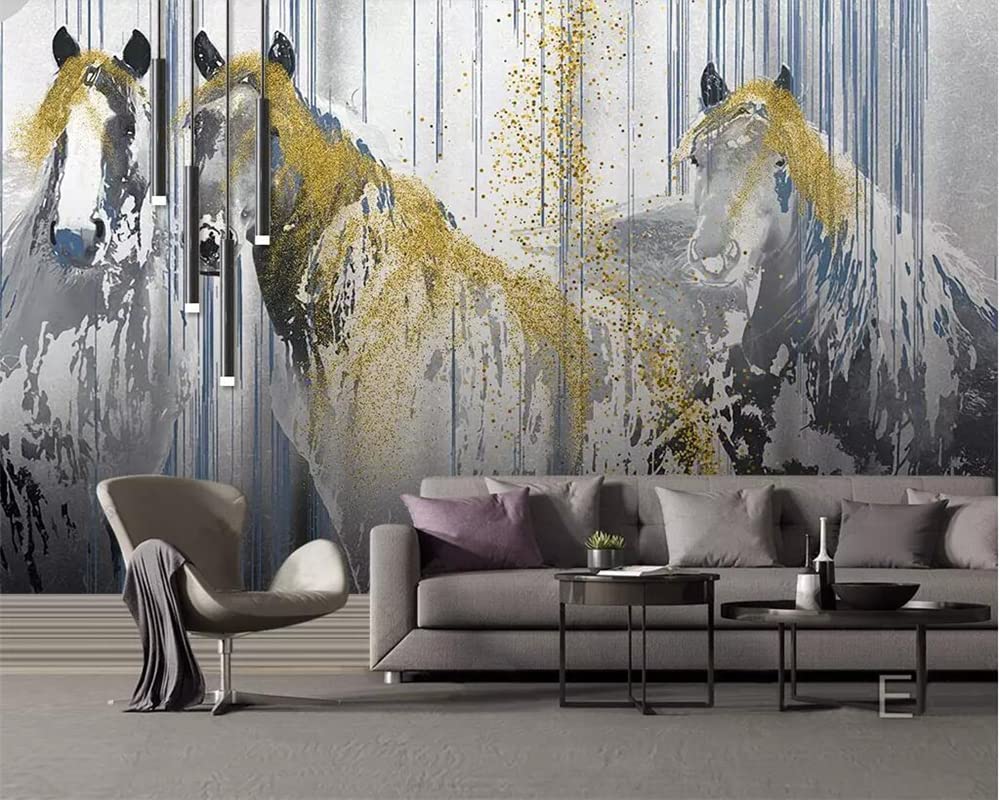 Abstract Horse Art Print Wall Mural - Golden Lines Background Wallpaper | Eco-Friendly Home & Office Decoration for Shelves, Workshops, Cabinets | Large 59x39.4 Inch (WxH) Wall Art | Perfect for Living Rooms, Bedrooms & Creative Spaces