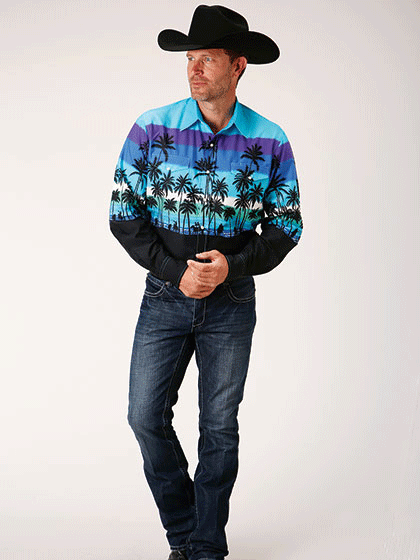 Roper Men's Long Sleeve Western Shirt - 03 001 0421 0306 Blue Plaid Border Design for Beach, Camping & Outdoor Activities
