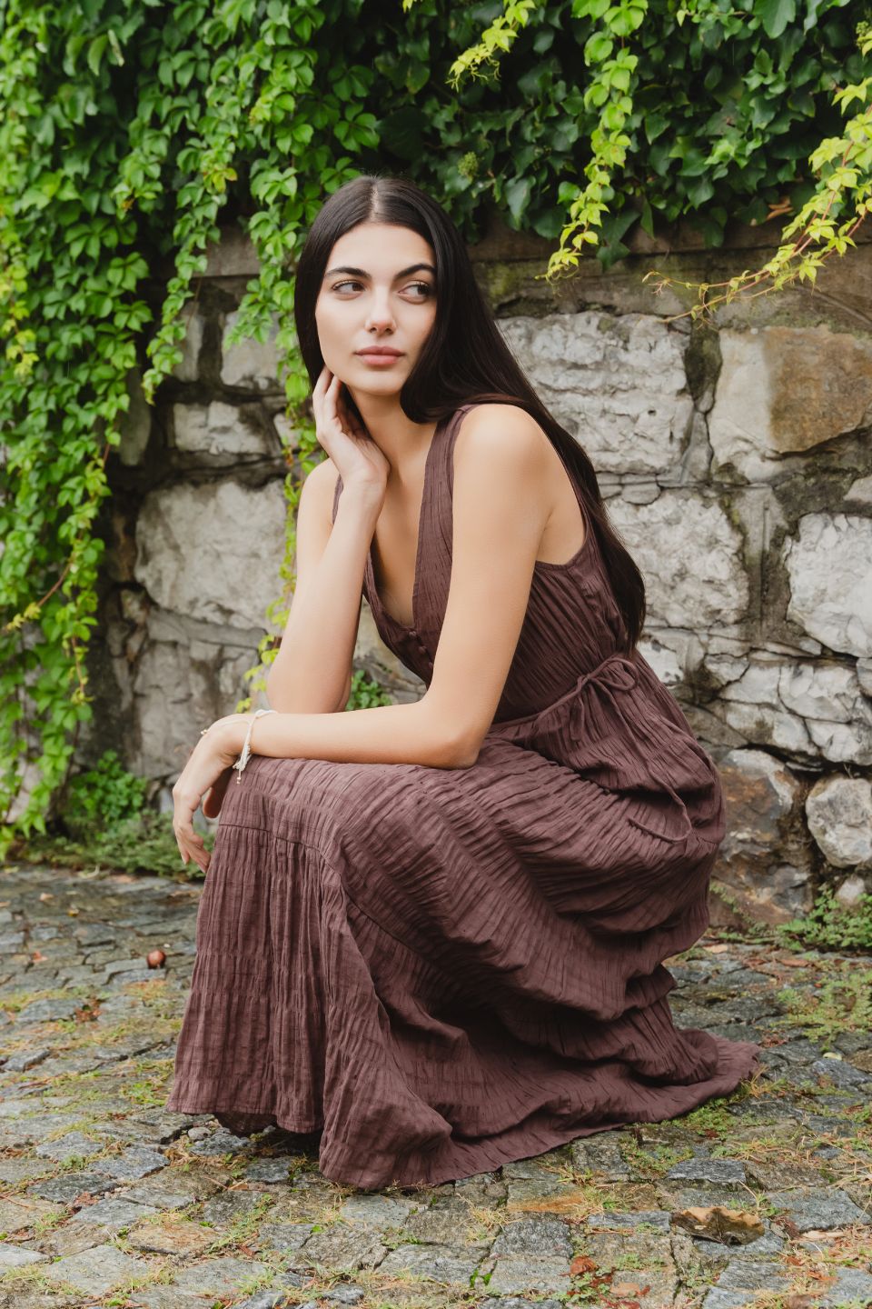 Flora Chocolate V-Neck Tie-Front Sleeveless Tiered Maxi Dress for Women | Summer Beach Wedding Party Dress | Perfect for Vacations, Date Nights & Special Occasions