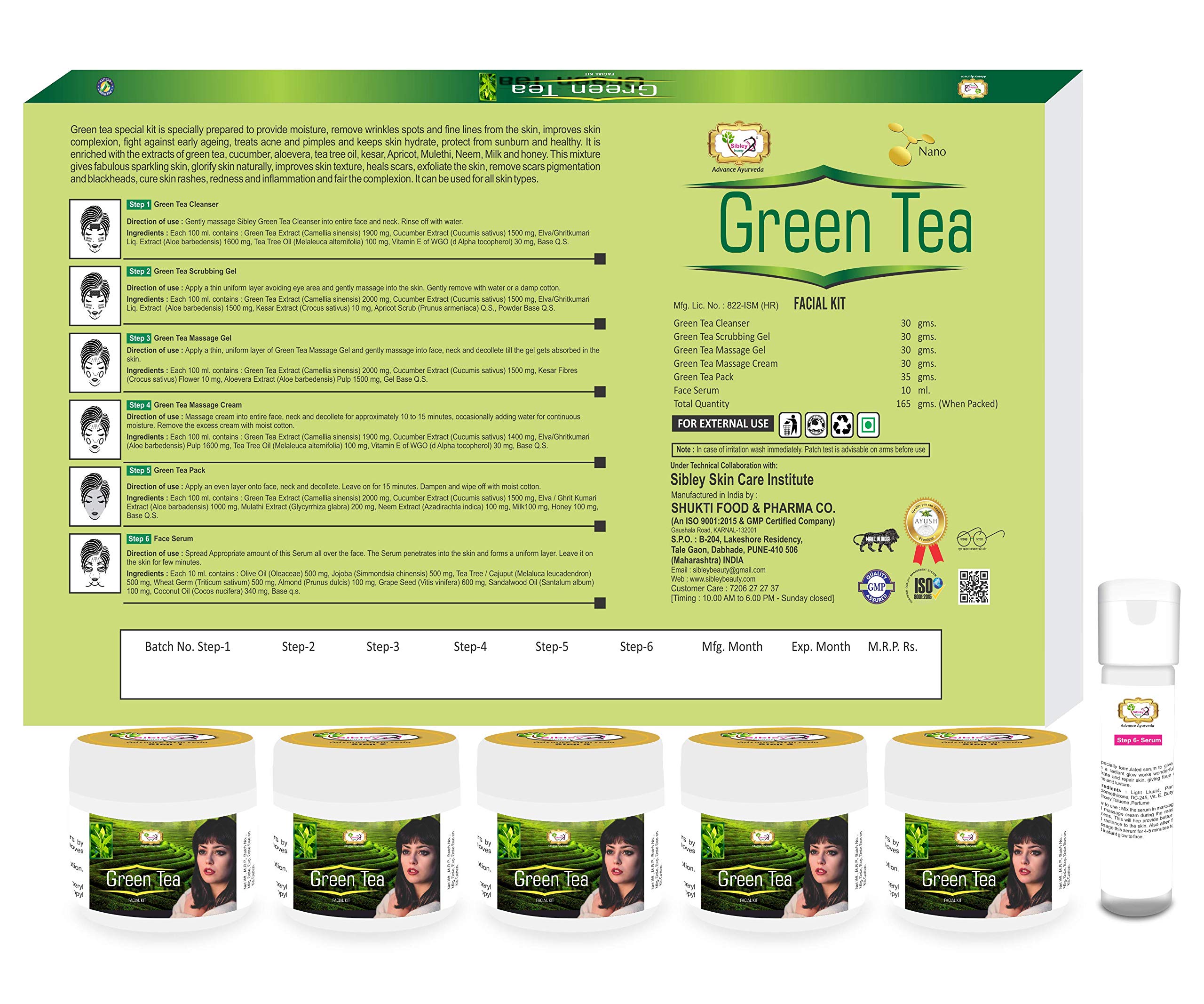 Sibley Beauty Green Tea Facial Kit (165g) & Papaya Anti-Blemish Face Wash (100ml) Combo Pack of 6 - For Men & Women with Oily, Dry, Combination Skin | Deep Cleansing & Brightening Skincare Routine