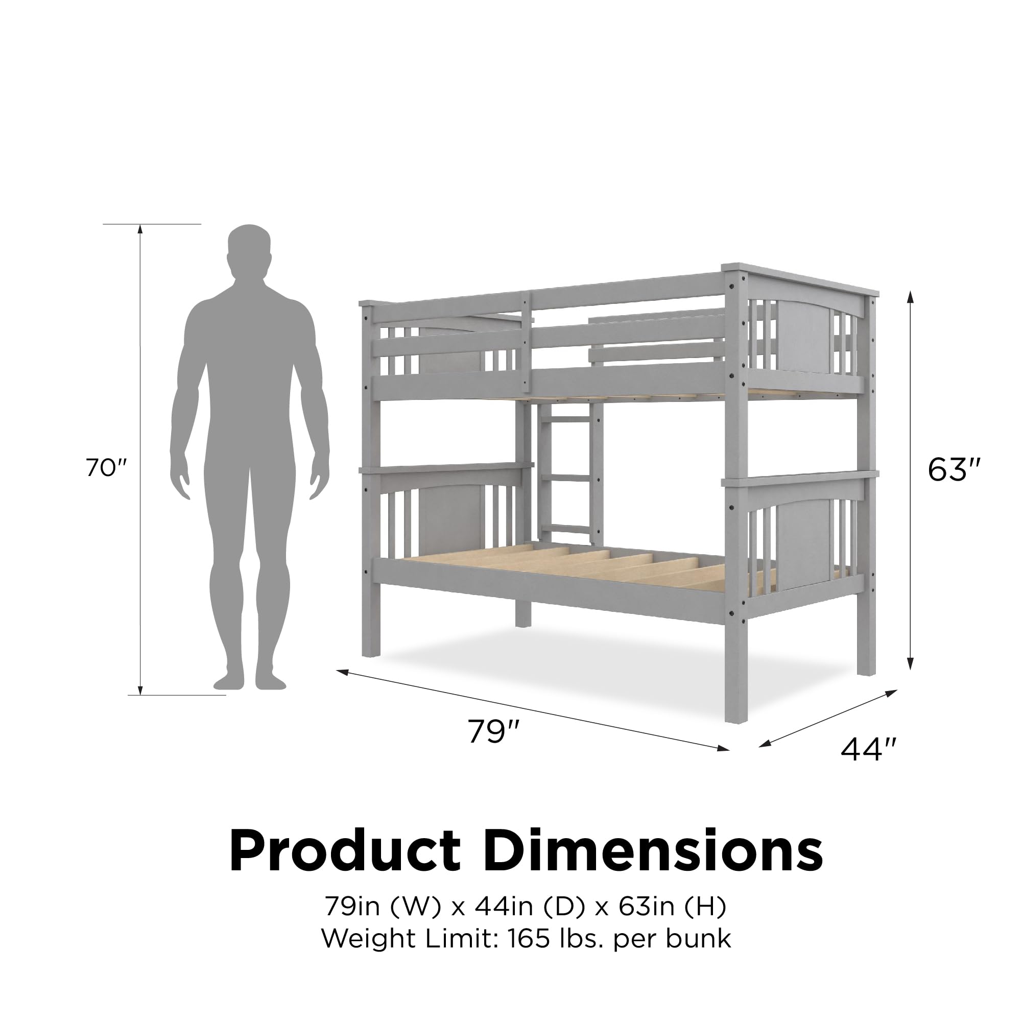 DHP Dylan Wood Twin Over Twin Bunk Bed with Ladder, Grey - Space-Saving Kids Bedroom Furniture for Siblings or Sleepovers