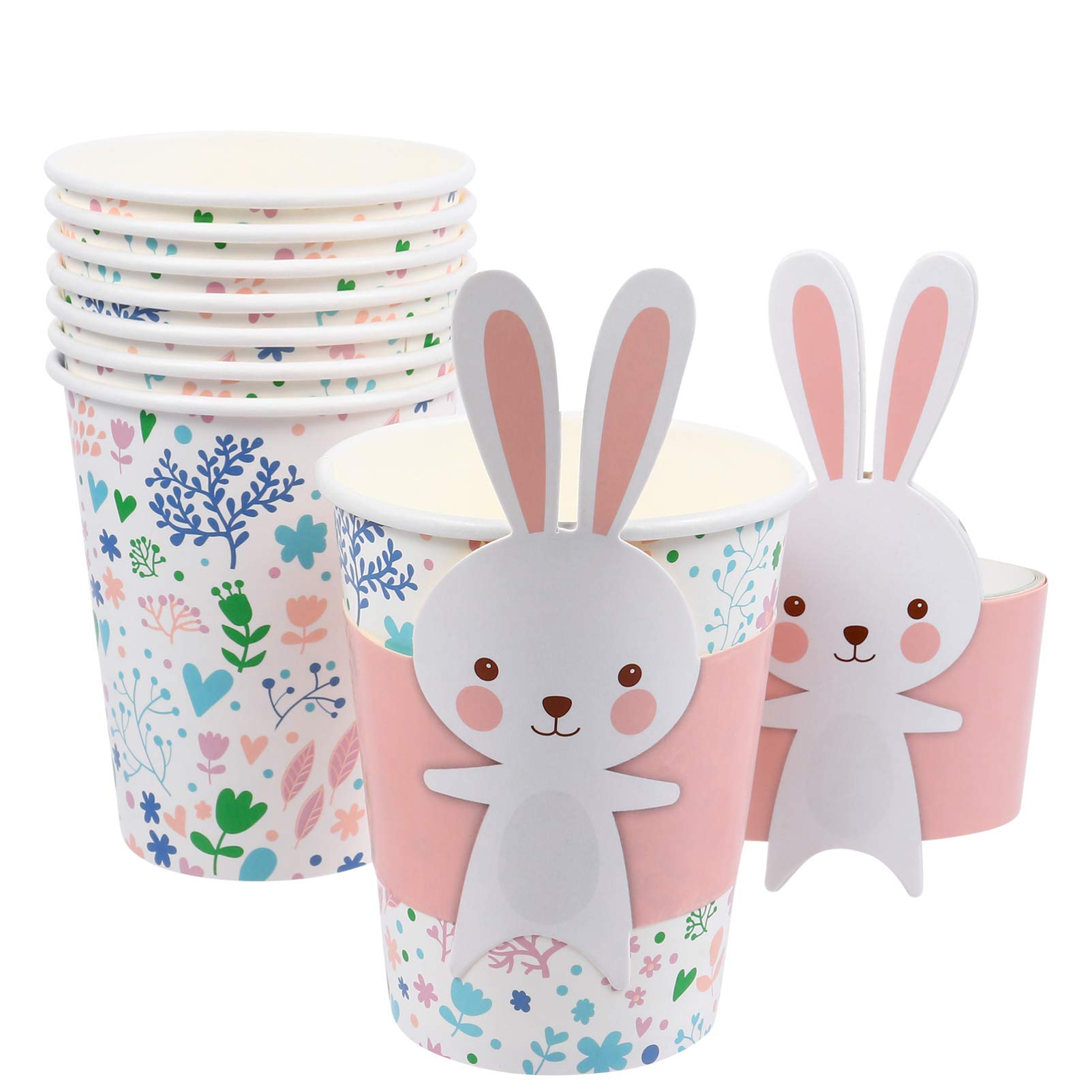 PRETYZOOM 8pcs Bunny Rabbit Paper Cups & Plates Set - Easter Tableware Kit for Kids Party, Holiday Decoration, Spring Celebration and Home Decor (Cartoon Design, Disposable Tableware)