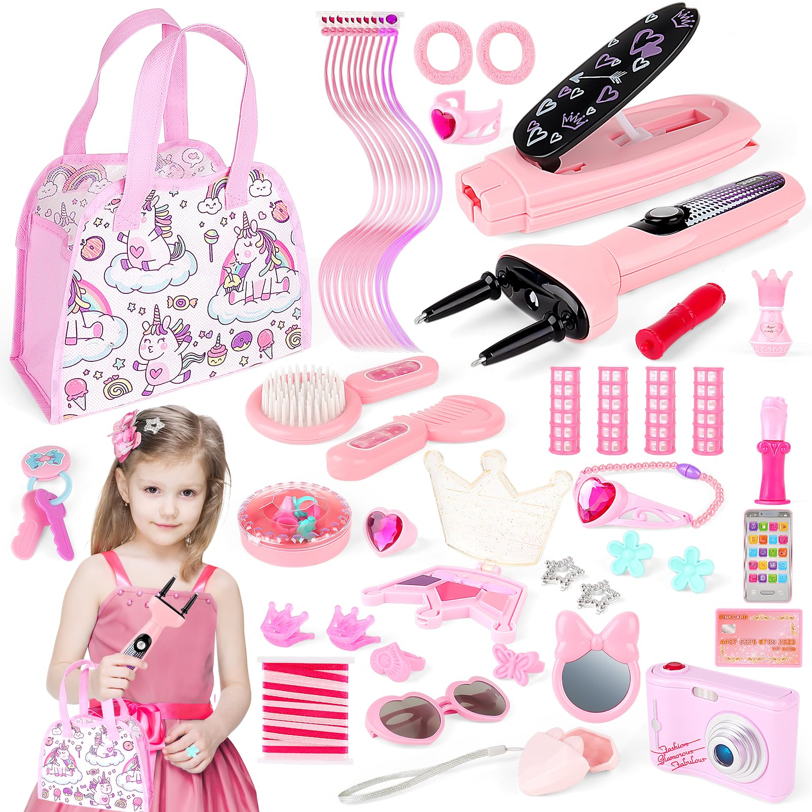 deAO 34PCS Kids Beauty Salon Toy Kit for Girls - Hair Styling Accessories, Handbag, Bluetooth Headset, Camera & Princess Makeup Toys | Pretend Play, Birthday Gift & Role-Playing Fun for Toddlers