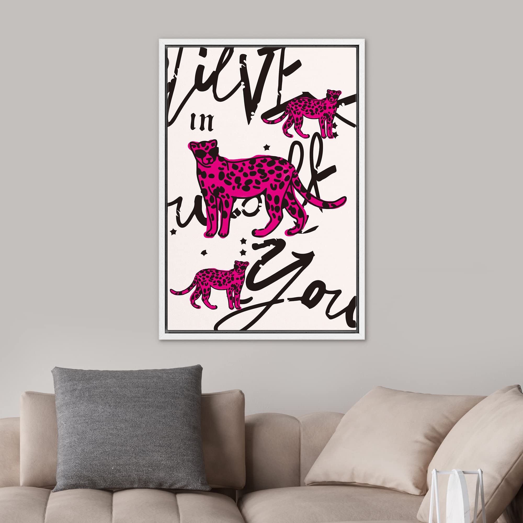 Framed Canvas Wall Art - African Pink Cheetah Silhouette Collage, Nature Wilderness Drawings, Boho Chic Animal Print for Living Room, Bedroom, Office Decor (16x24 Inches, White Frame) | Perfect for Coastal, Preppy & Safari Theme Rooms