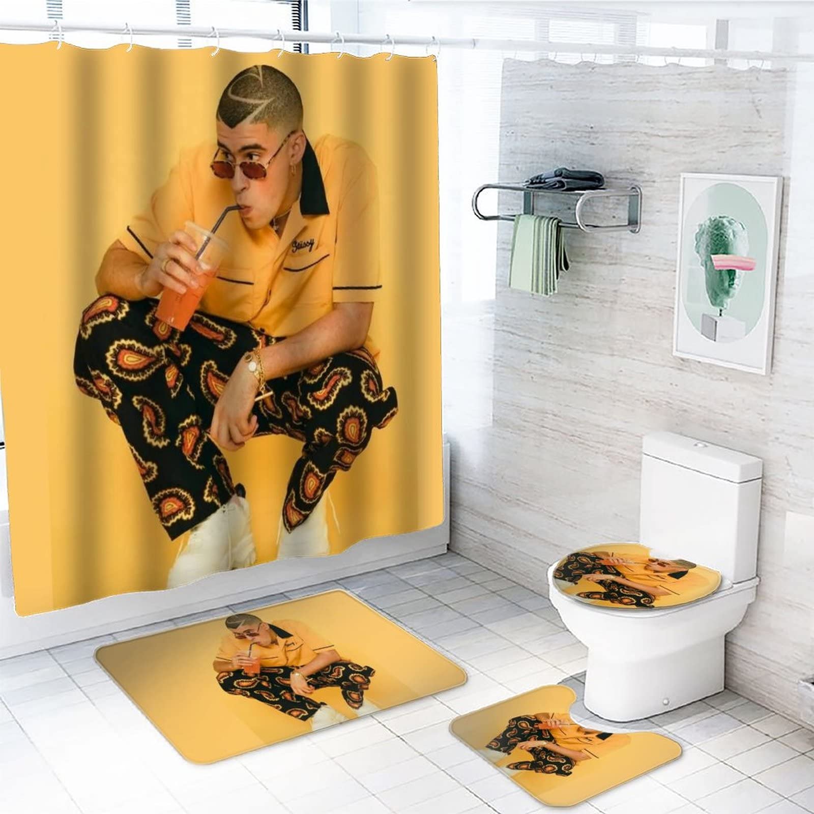 Bad Bu-NNY Bathroom Decor Set - Non-Slip Toilet Seat Cover, Shower Curtain & Bath Mat - Cute Bunny Theme Bathroom Accessories for Kids & Adults - Perfect for Nursery, Guest Bathroom or Easter Decor