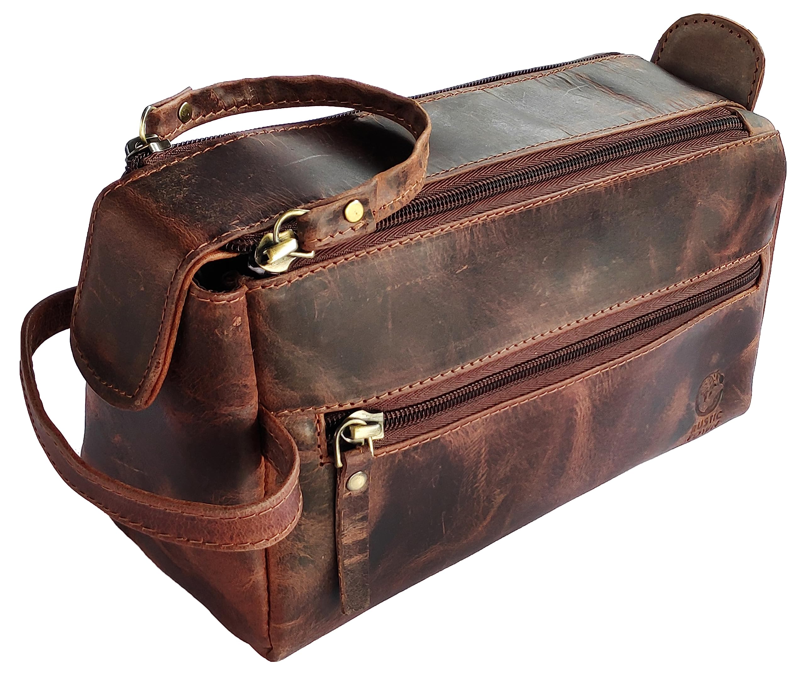 RUSTIC TOWN Genuine Buffalo Leather Toiletry Bag for Men - Vintage Travel Shaving & Dopp Kit with Waterproof Lining - Spacious Cosmetic Organizer for Toiletries, Razors & Makeup - Compact Design Fits in Suitcase or Backpack - Perfect for Business Trips, Camping & Gym Essentials