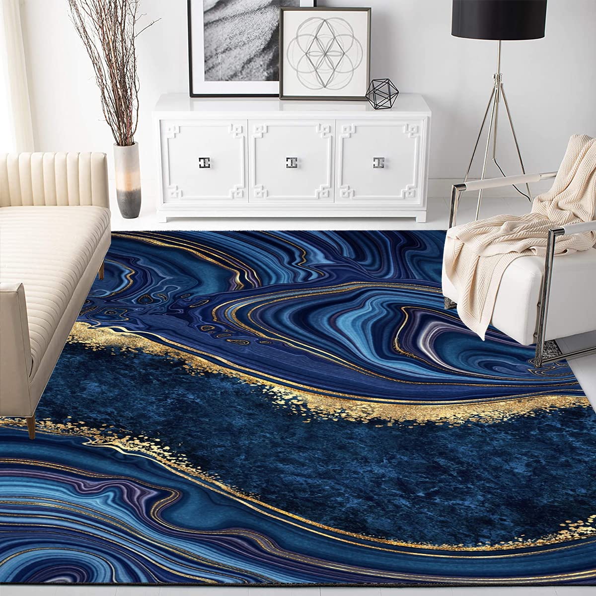 Navy Blue Gold Marble Striped Modern Abstract Area Rug 5x8ft - Soft Thick Luxurious Washable Rug for Living Room Bedroom - Perfect for Home Decor, Office & Dorm Room