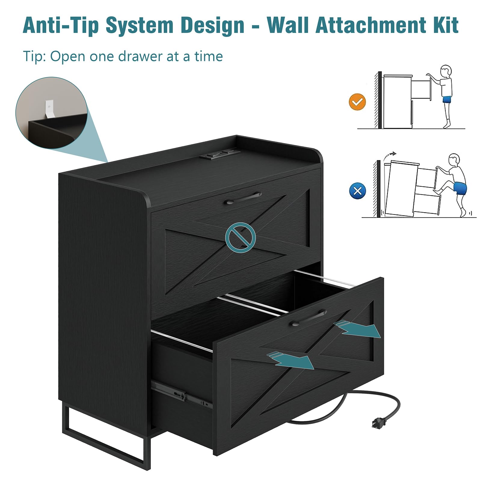 2-Drawer Lateral File Cabinet with Built-in Charging Station - Legal/Letter/A4 Hanging File Storage - Modern Farmhouse Wood Office Furniture (Black) - Perfect for Home Office Organization & Printer Stand