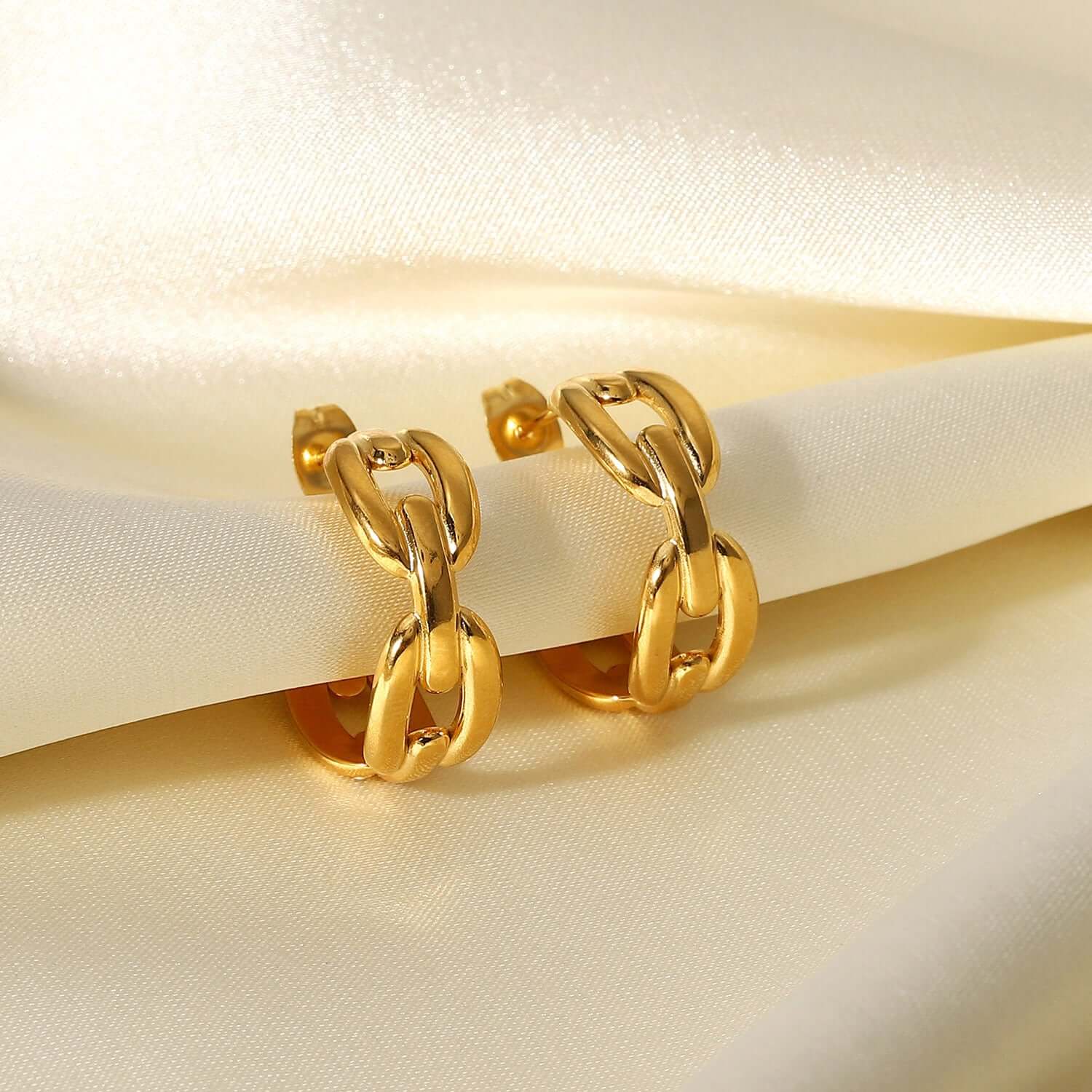 18K Gold Plated Hollow Connected Chain C Hoop Earrings & Ring Set - Trendy Jewelry for Women | Perfect for Parties, Weddings & Everyday Wear | JDE835