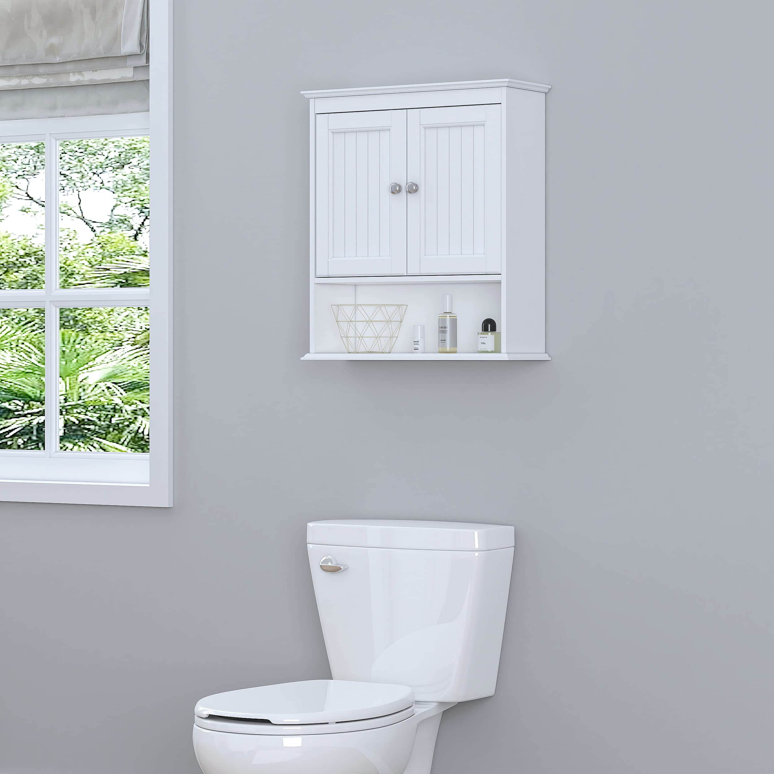White Wooden Wall Mounted Bathroom Cabinet with Doors and Shelves - Over The Toilet Storage Organizer for Towels, Toiletries & Bathroom Essentials | Space-Saving Bathroom Decor