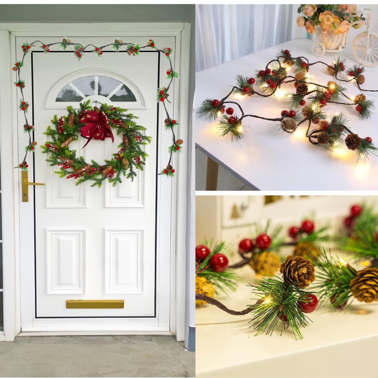 Christmas Garland with Lights - 6.5FT Red Berry Pine Cone Garland with 20 LED Battery Operated String Lights for Fireplace Mantel, Indoor Xmas Decorations | Perfect for Holiday Home Decor, Christmas Tree Accents & Festive Party Decorating