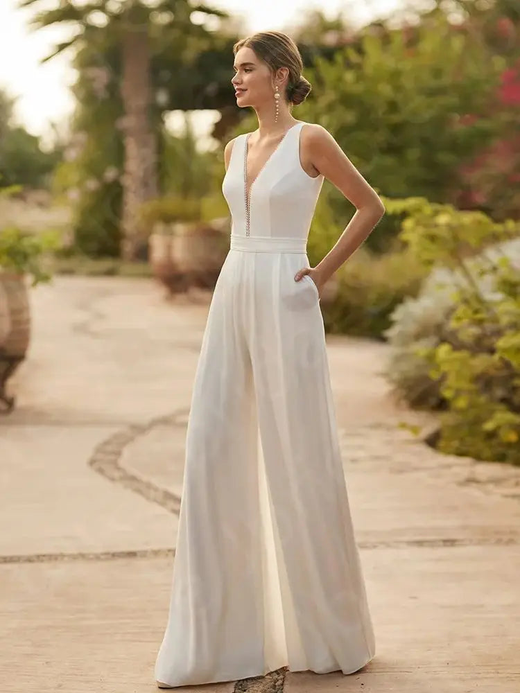 Elegant White V-Neck Two-Piece Wedding Dress with Half Sleeves - Boho Chic Jumpsuit for Beach, Garden & Outdoor Ceremonies