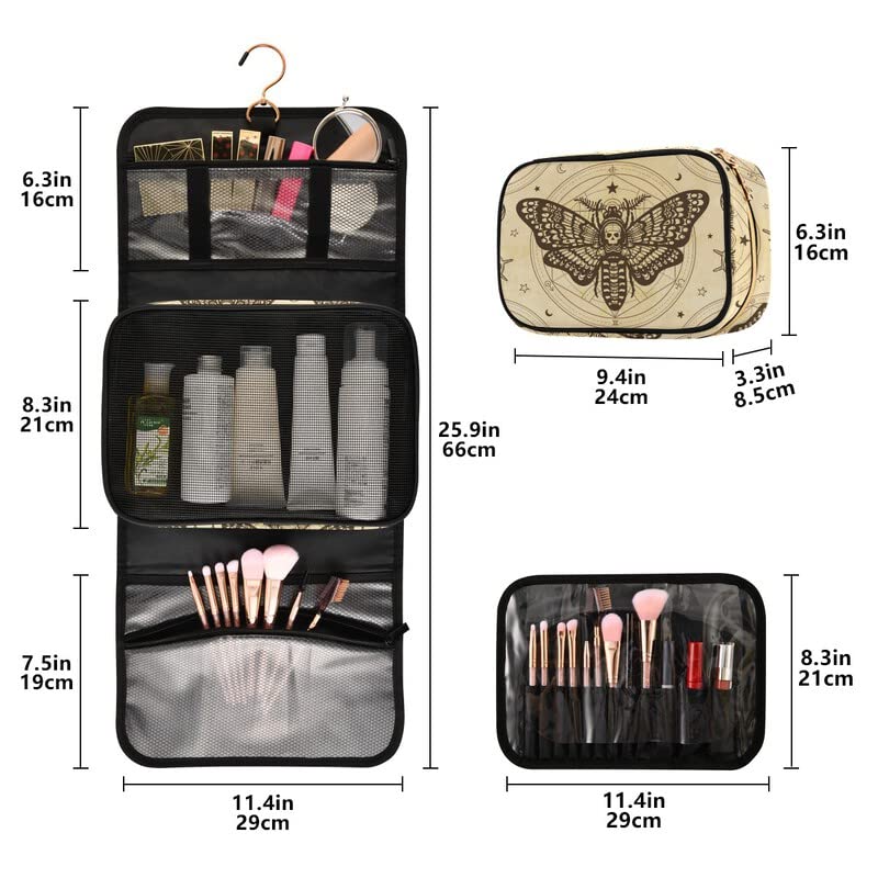 MNSRUU Beige Skull Moth Butterfly Hanging Makeup Bag - 3 PCS Travel Toiletry Organizer Set with Clear Compartments | Portable Cosmetic Storage for Women, Perfect for Vacation, Gym & Business Trips