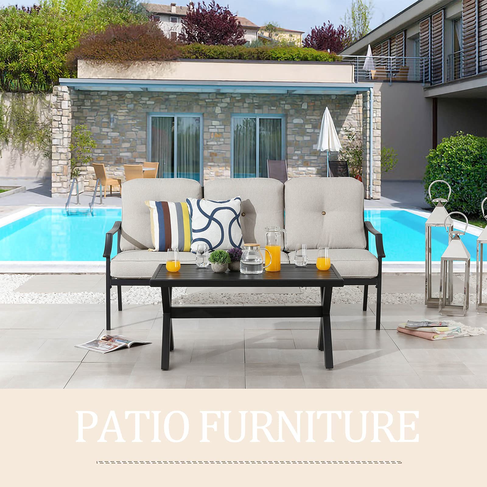 2-Piece Outdoor Metal Loveseat Patio Set with Coffee Table & Cushions - 3-Seater Garden Sofa for Deck, Porch, Backyard - Weather-Resistant Beige Furniture (Perfect for Outdoor Entertaining & Relaxation)