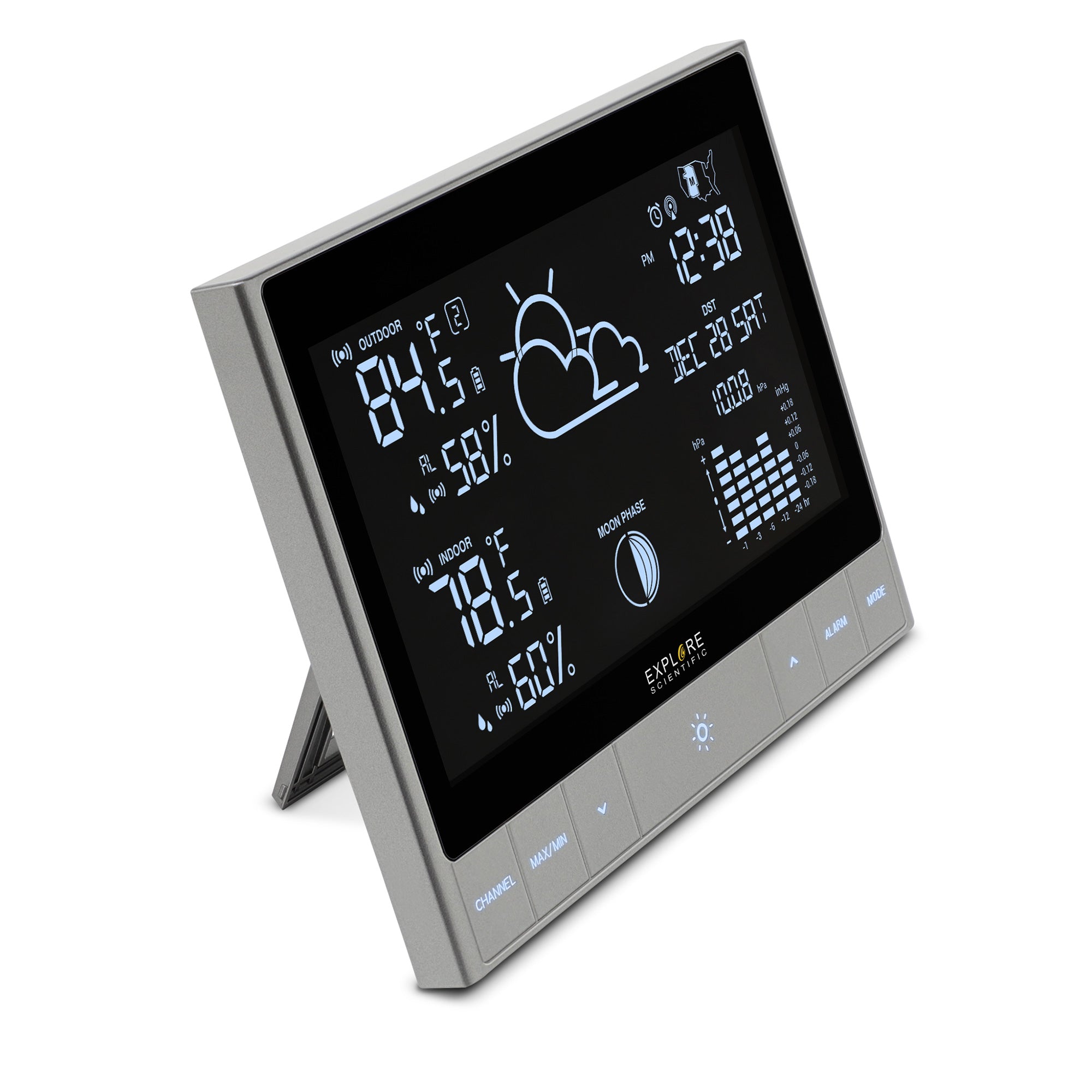 Explore Scientific CrystalVision Advanced Weather Station with LED Touch Keys - Accurate Indoor Outdoor Temperature Humidity Monitor for Home, Office, and Garden Use