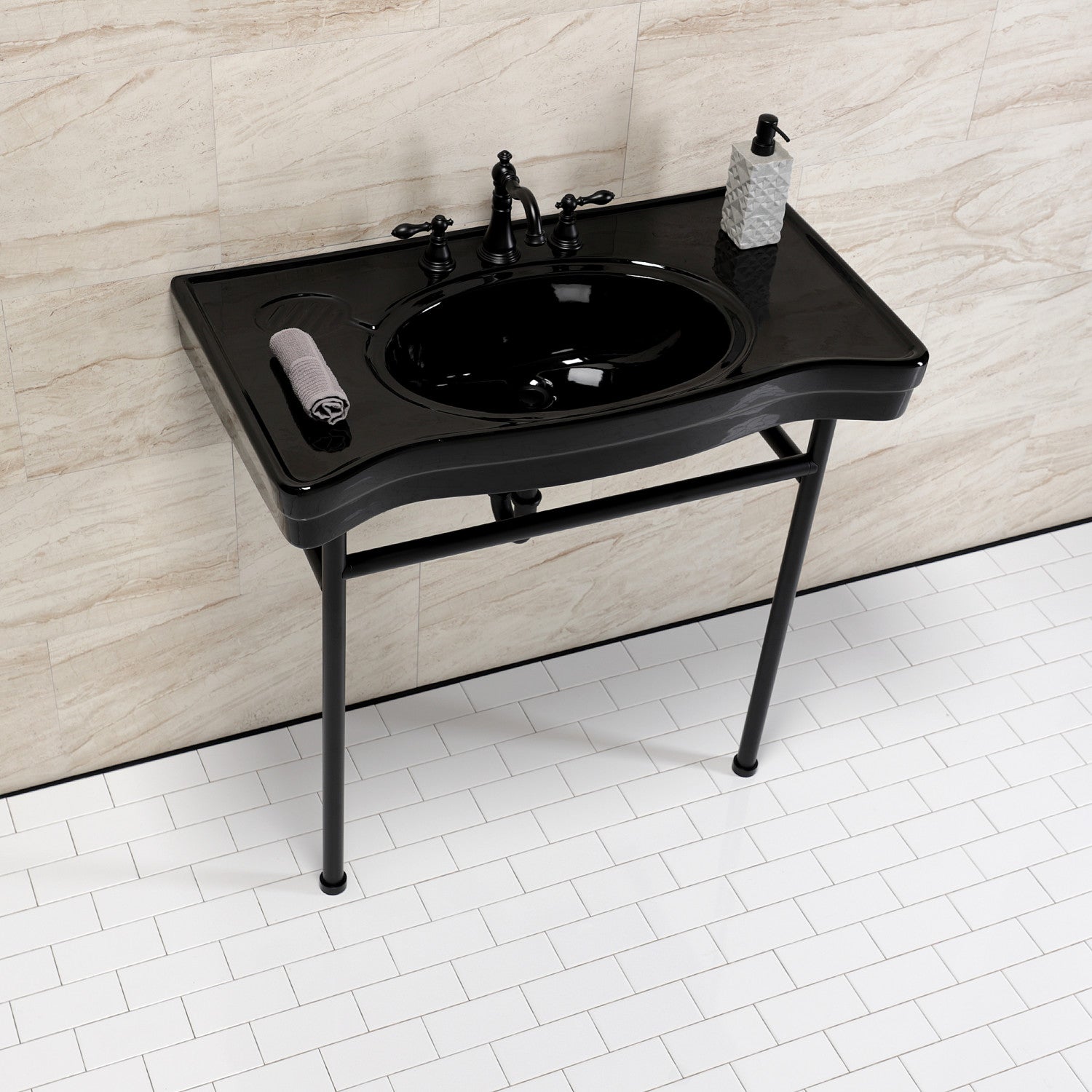 Bristol VPB28140W80K 36 Inch Black Ceramic Bathroom Sink with Stainless Steel Legs - 8 Inch 3-Hole Faucet, Matte Black Finish for Modern Vanity & Powder Room
