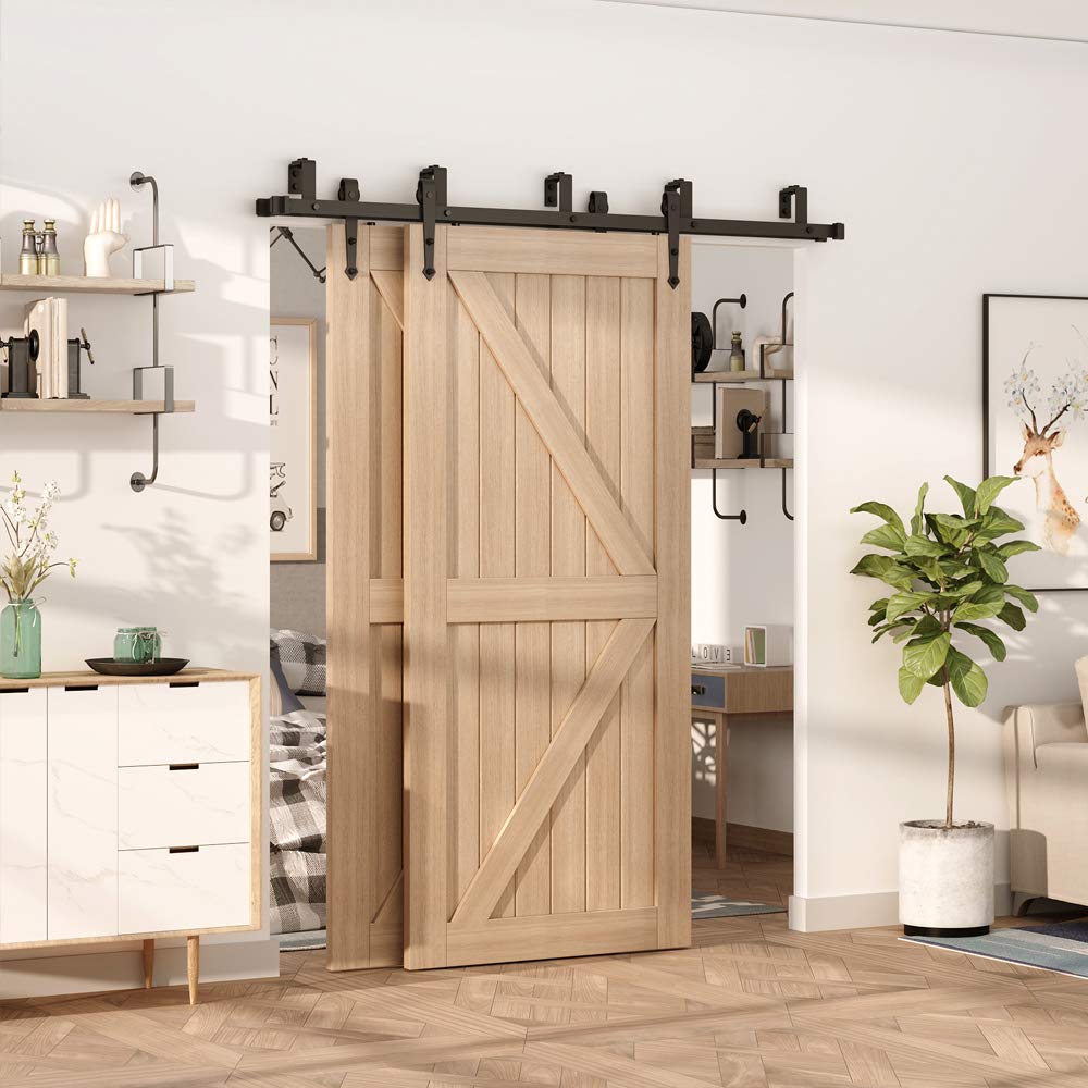 ZEKOO 12FT Double Bypass Barn Door Hardware Kit - Black Roller Hanger for Double Wooden Doors | Heavy Duty Sliding Track System | Perfect for Bedroom, Closet & Farmhouse Style Home Décor