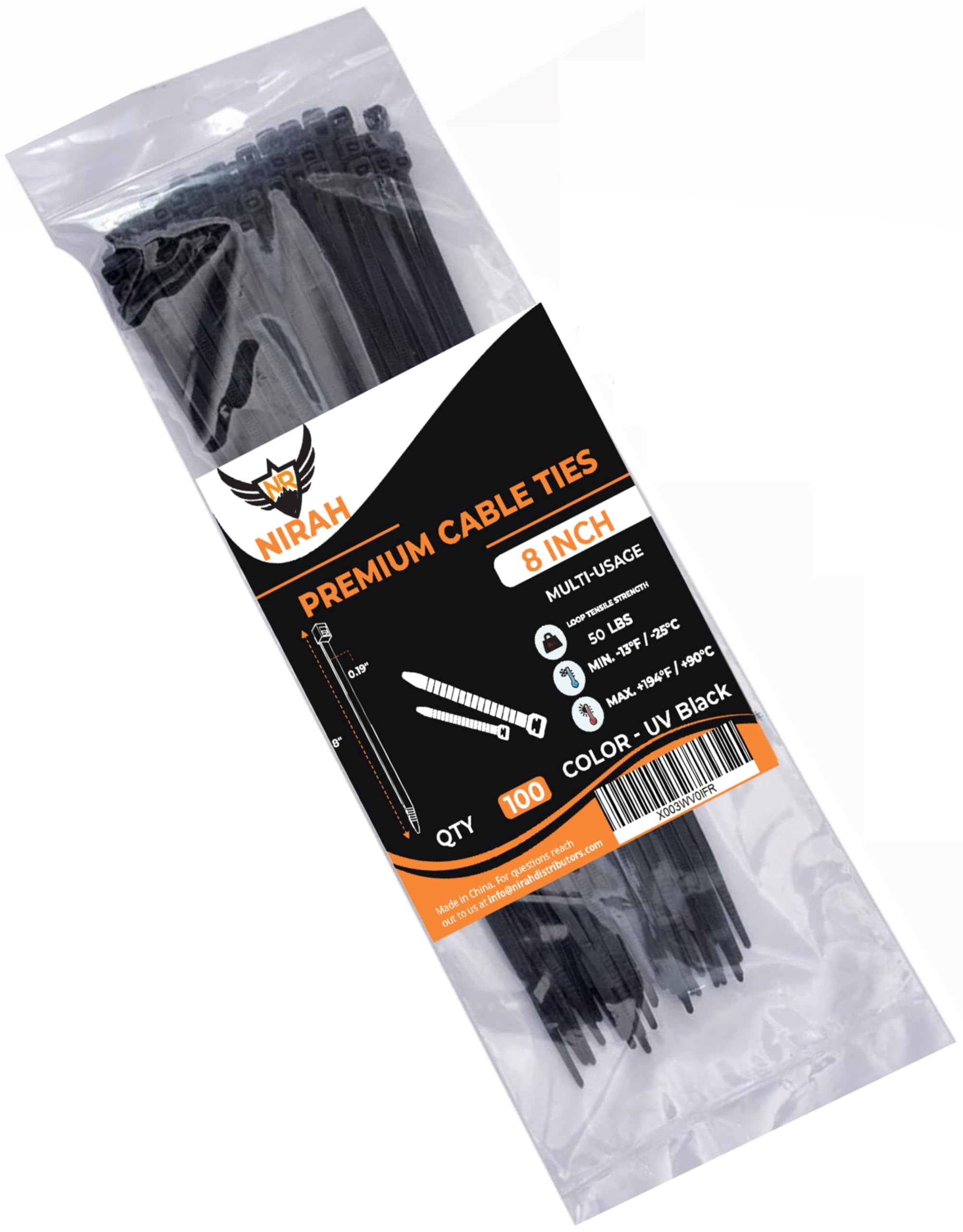 100-Pack Heavy Duty 8-Inch Black UV Resistant Cable Ties - 50lbs Tensile Strength, Resealable Zip Lock Bag - Perfect for Organizing Wires, Securing Plants Outdoor & Indoor DIY Projects