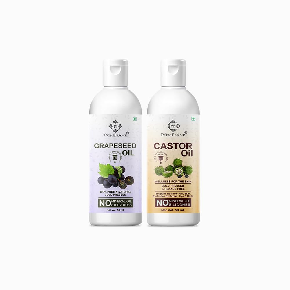 PuriFlame 100% Pure Grapeseed Oil & Castor Oil Combo (50ML Each) for Hair Growth, Anti-Hair Fall & Split Ends - Promotes Soft, Shiny Hair - 2-Pack for Daily Hair Care & Scalp Treatment