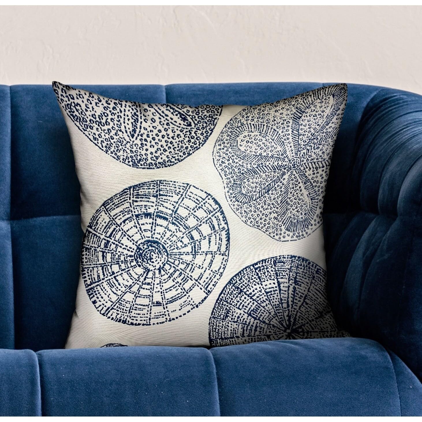 Luxury Double-Sided Throw Pillow 18x18 Inches - Plutus Seashell Haven Blue & Cream Motif for Sofa, Bed, Living Room Decor