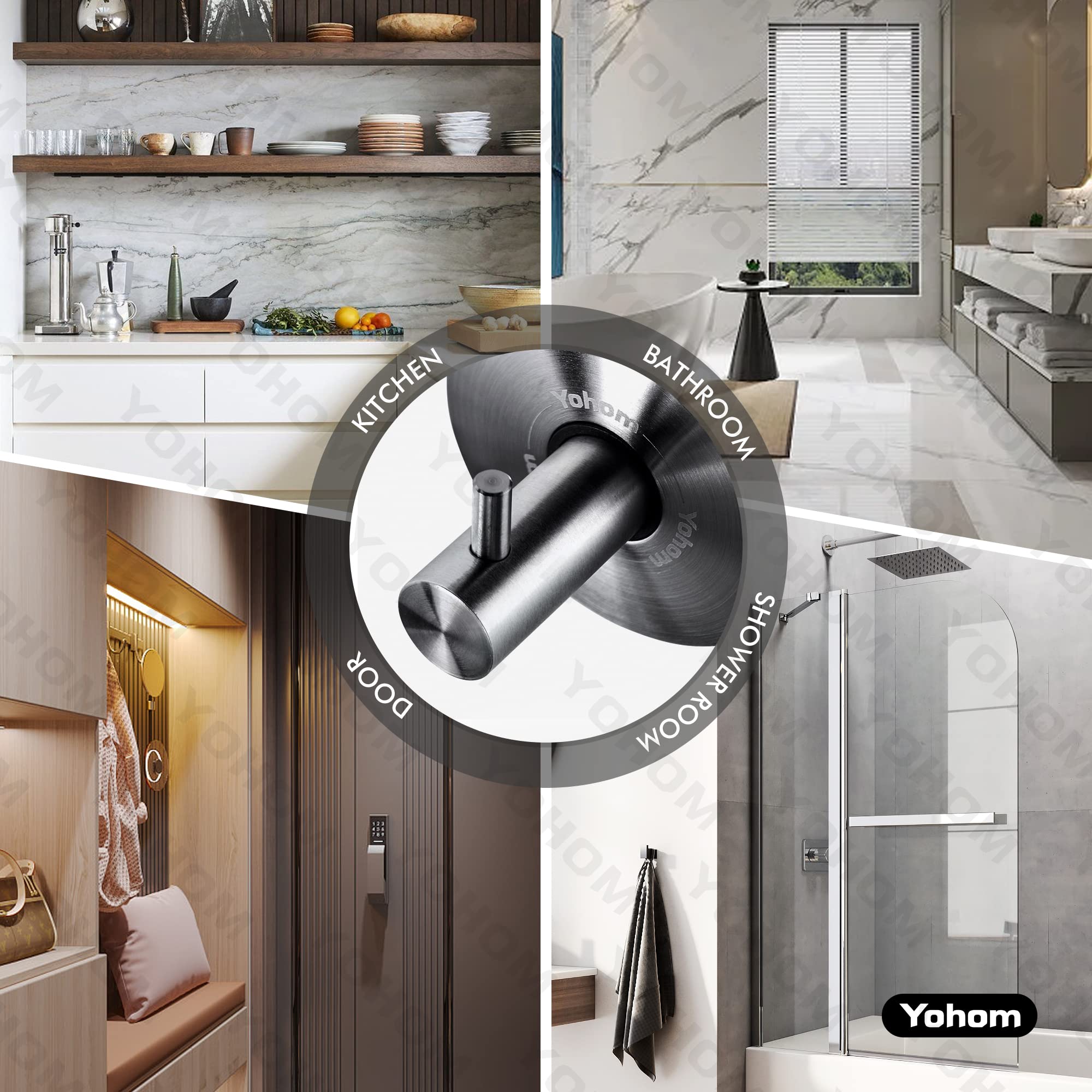 YOHOM Black Stainless Steel Suction Cup Hooks - Heavy Duty Shower Towel Holder for Glass Doors, Windows & Walls (2 Pack) - Perfect for Bathroom Organization, Loofah & Washcloth Hanging