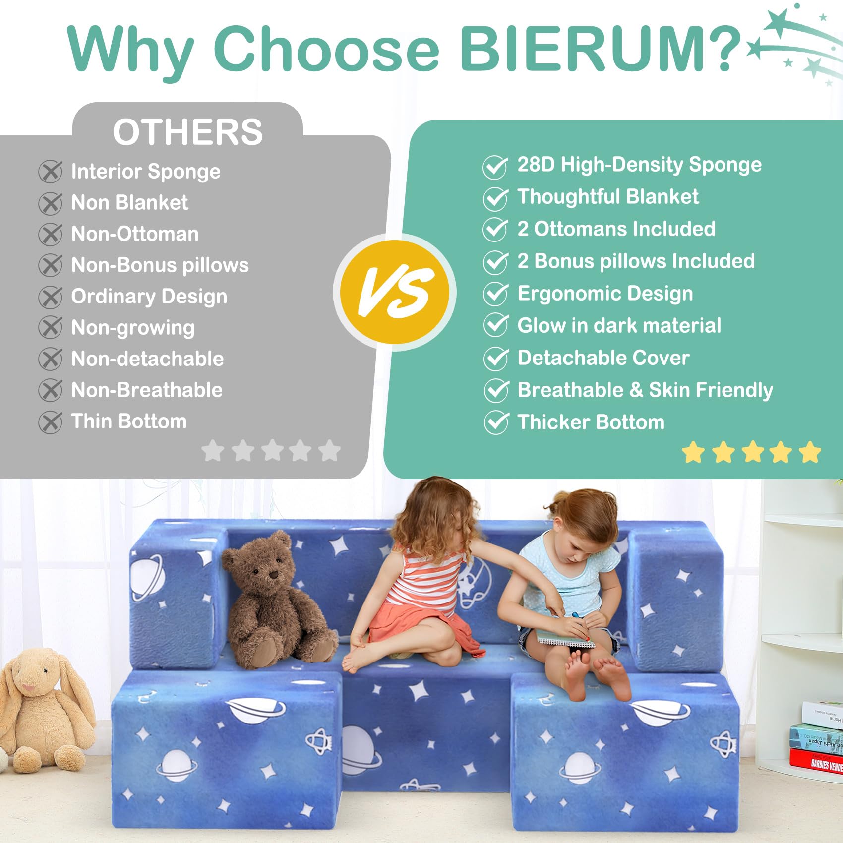 BIERUM Modular Kids Play Couch Set - 6-Piece Convertible Toddler Sofa with Glow Effects & Blanket for Playroom, Bedroom & Indoor Use - Soft Foam Couch for Boys and Girls (Ages 2-6) - Perfect for Reading, Napping & Pretend Play