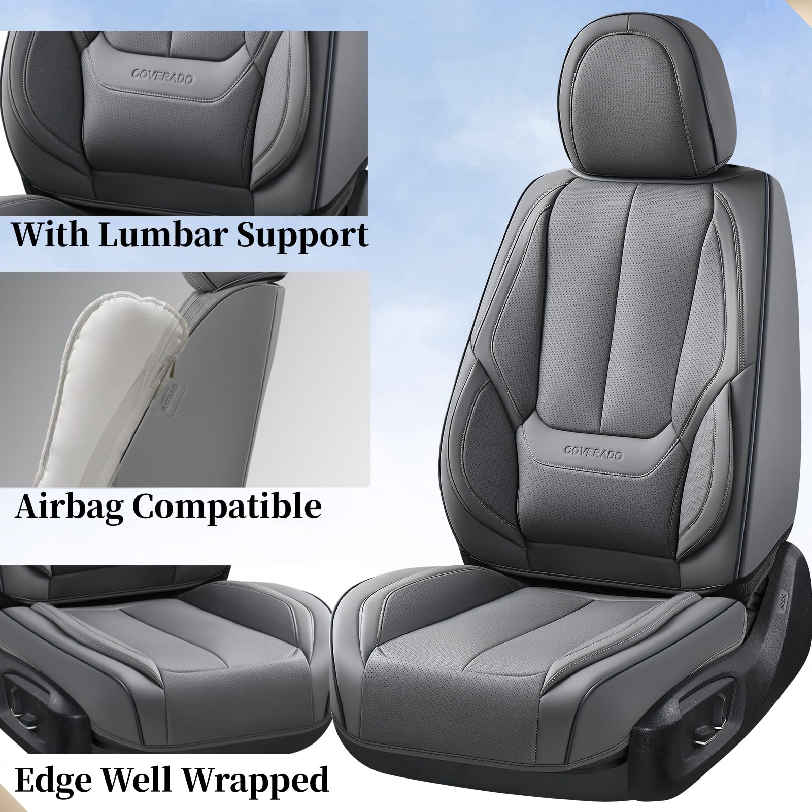 Coverado Universal Waterproof Nappa Leather Car Seat Covers - Front Seat Protectors & Cushions (Gray) for Most Vehicles | Perfect for Daily Commutes, Road Trips & Pet Protection