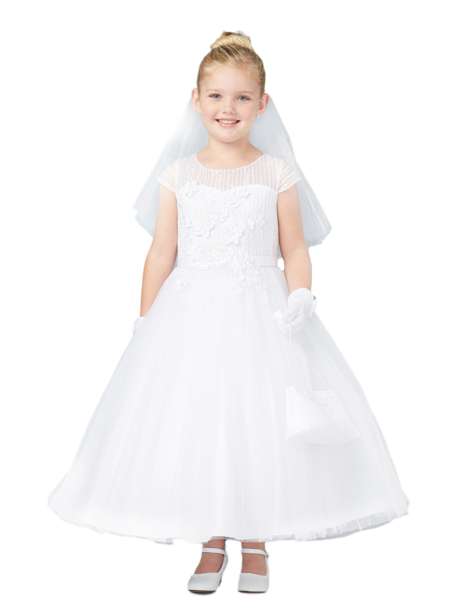 Big Girls White Cap Sleeves Lace Embroidered Communion Dress Size 7-20 | First Holy Communion Gown for Girls | Perfect for Church Ceremonies, Baptisms & Special Occasions