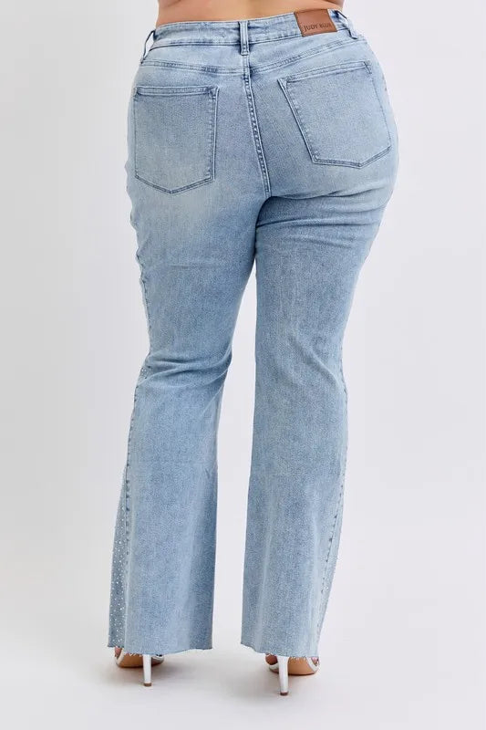 Judy Blue Women's Mid Rise Rhinestone Side Panel Flare Jeans - Stylish Stretch Denim Pants for Casual Wear & Night Out