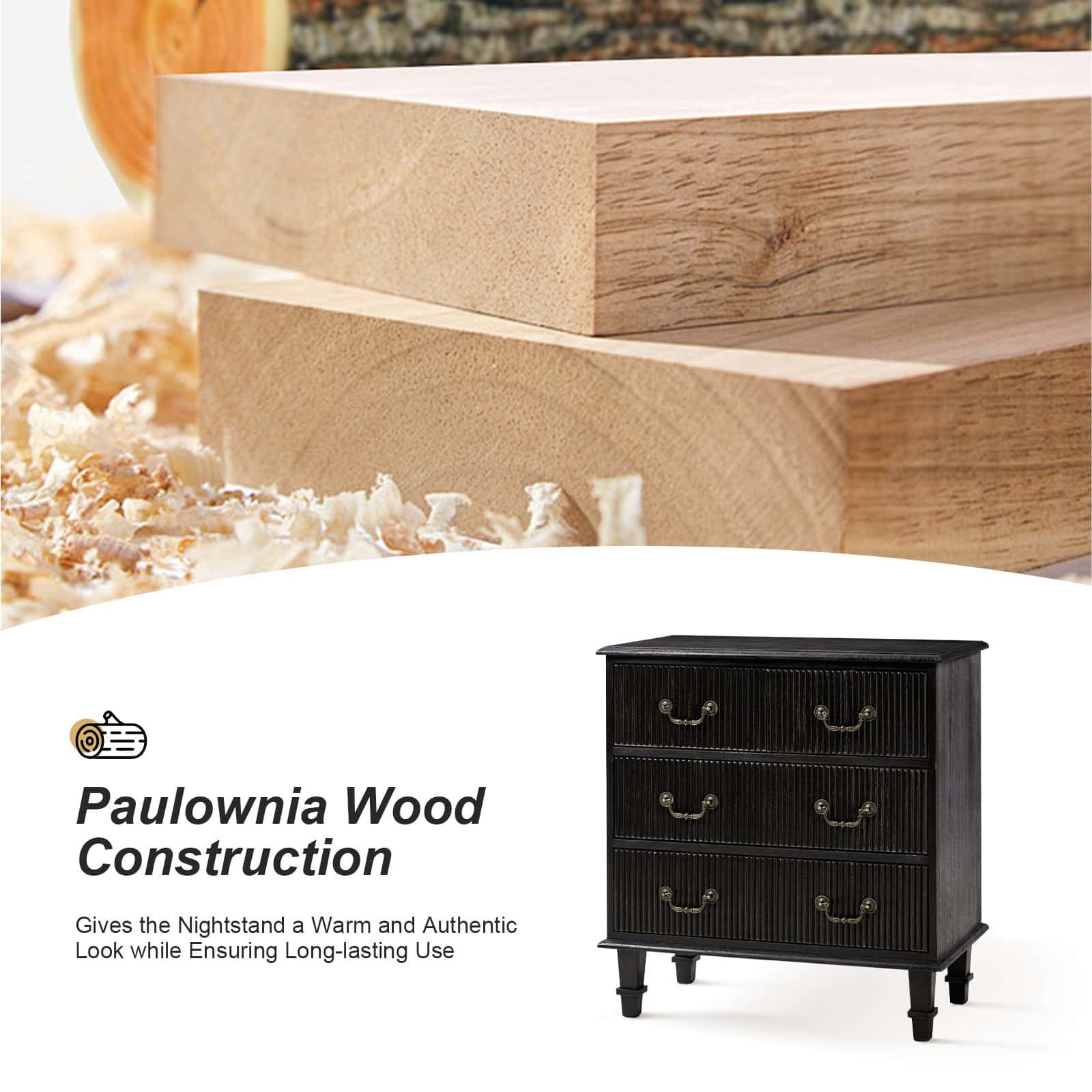 Rustic 3-Drawer Nightstand with USB Charging Station - Solid Wood Bedside Table for Bedroom, Living Room & Guest Room | Galatea Optional Types