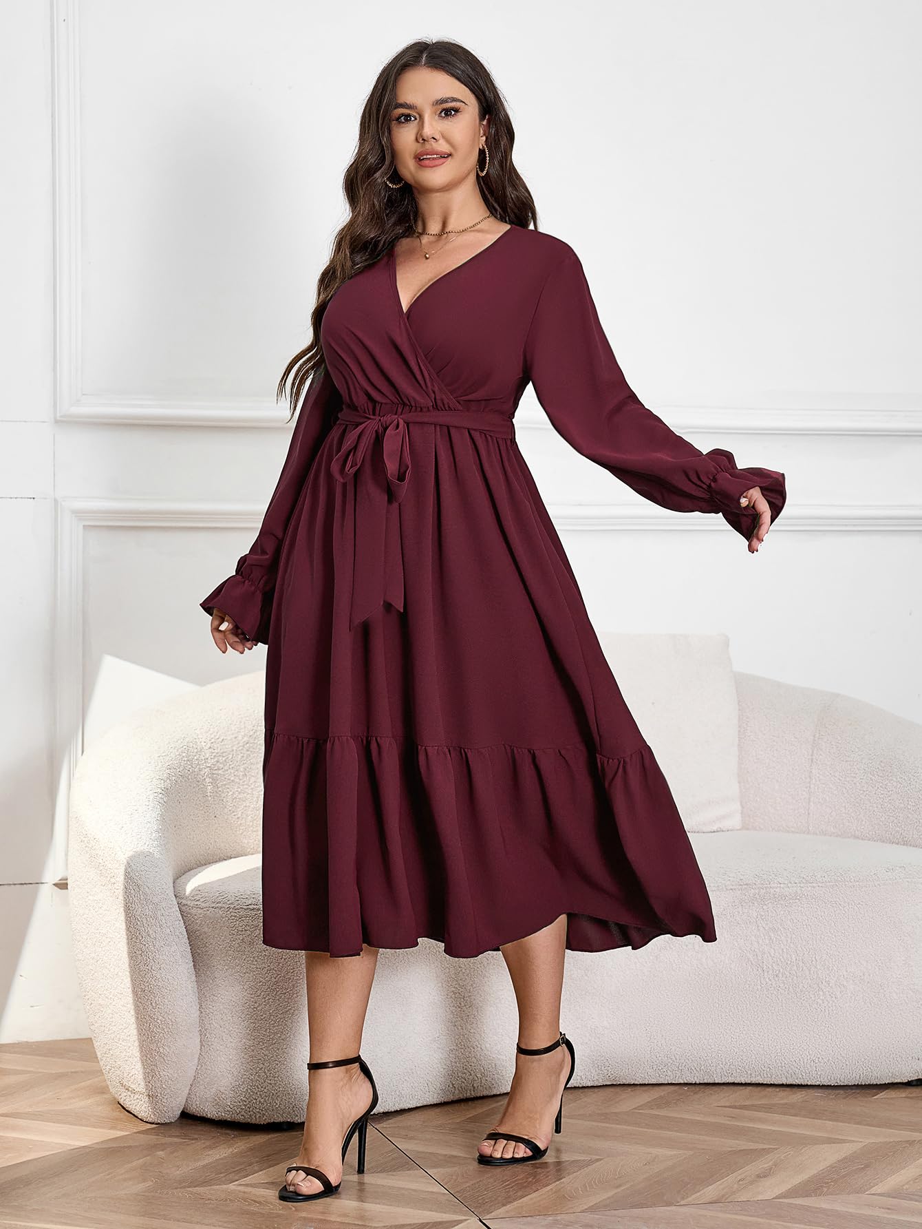 Elegant Plus Size Wedding Guest Dress - Long Sleeve Wrap V-Neck Belted A-Line Maxi Cocktail Dress with Ruffle Hem | Perfect for Weddings, Parties & Special Occasions