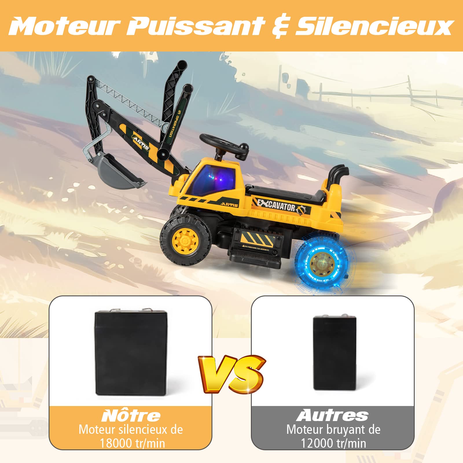 COSTWAY 6V Kids Ride-On Electric Backhoe Loader Toy with Rotating Seat, Shovel, LED Lights & Music | 25kg Capacity | Hidden Storage | Excavator Toy for Boys & Girls Ages 3+ (Yellow) | Perfect for Outdoor Play, Sandbox Fun & Construction Pretend Play