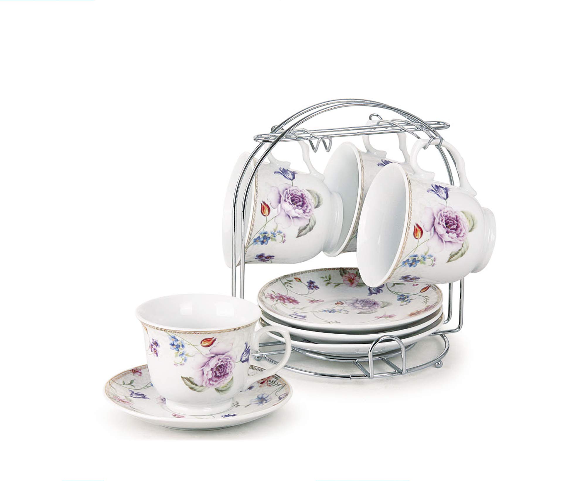 Lorren Home Trends 230-2020 Purple Cups and Saucers Set - Elegant Tea & Coffee Serving for Home, Office, and Gifts