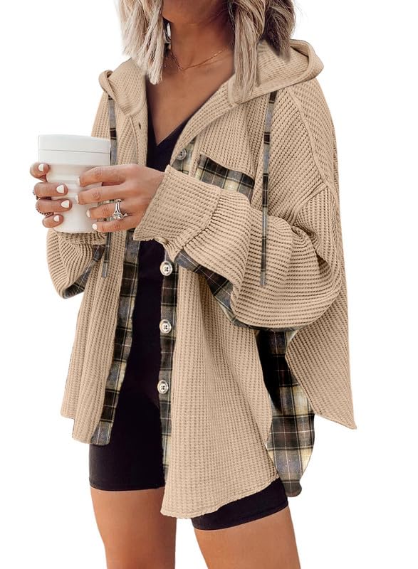 SHEWIN Women's Waffle Knit Plaid Shacket - Oversized Boyfriend Button Down Shirt with Hood, Long Sleeve Loose Top | Casual Fall Outerwear, Streetwear Fashion, Layering Piece for Women