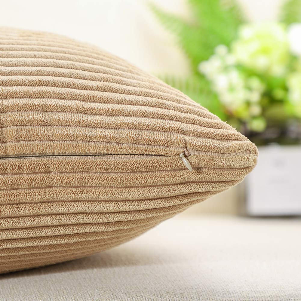 Artscope Cozy Striped Corduroy Pillow Covers 18x18 Inches - Super Soft Decorative Square Throw Pillow Cases for Sofa, Couch, Bed & Car - Khaki Home Decor | Perfect for Living Room, Nursery & Office