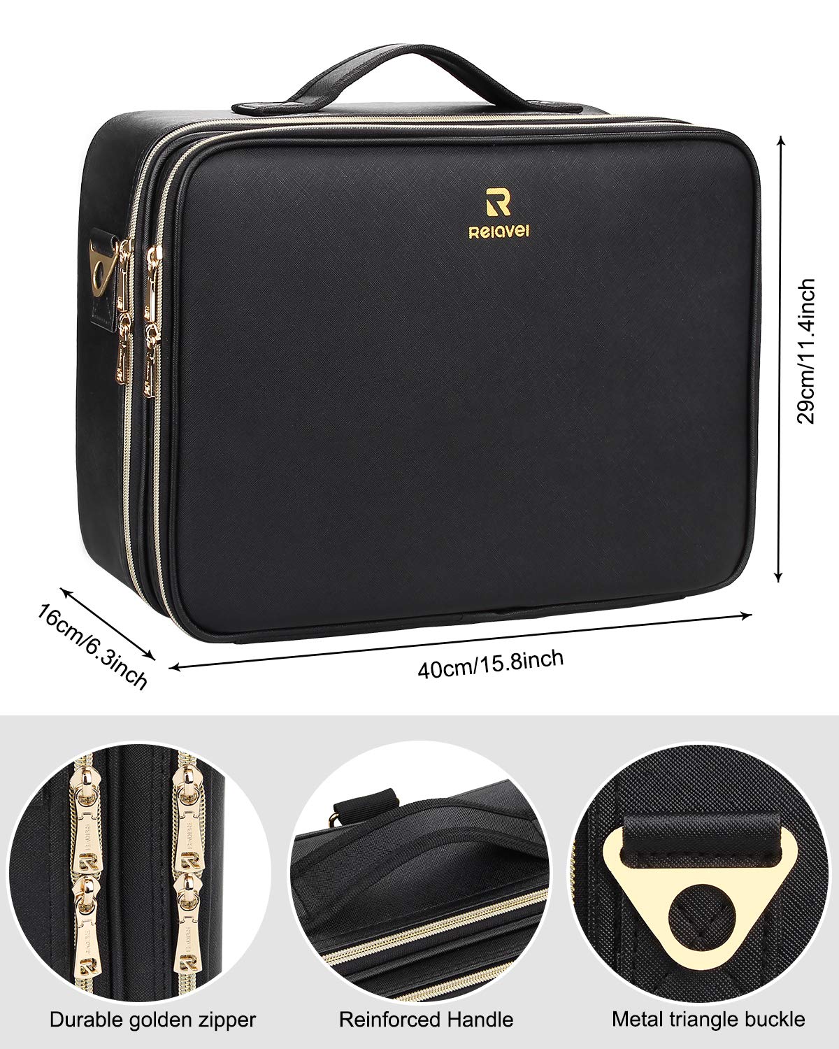Relavel Professional 16.5 Inch Large Makeup Train Case - Waterproof Cosmetic Organizer with 3 Layers & Adjustable Strap - Perfect for Travel, Salon Use & Makeup Artist Storage