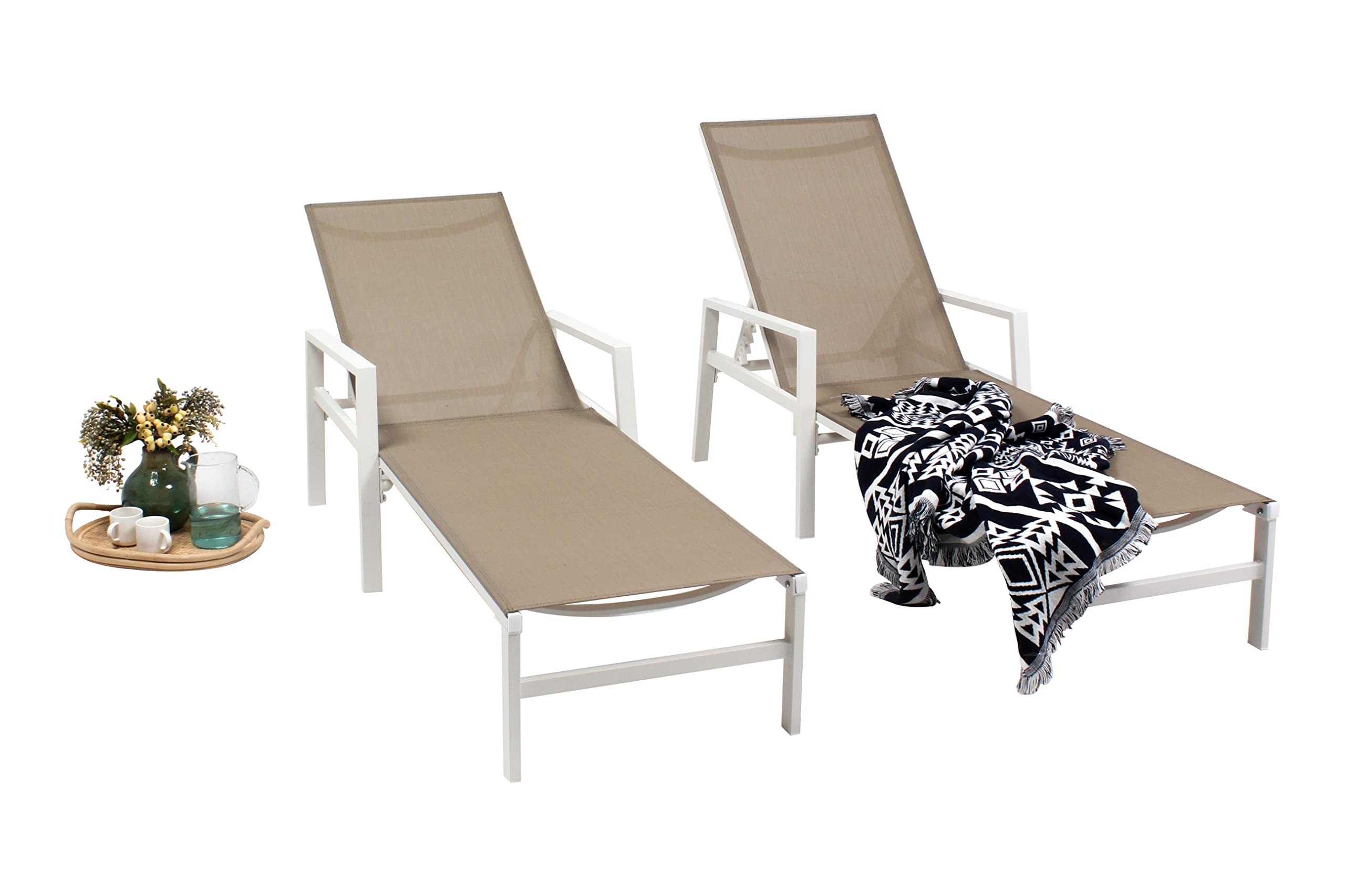 Premium Outdoor Patio Lounge Chair Set of 2 - Adjustable Aluminum Chaise Lounges with 5 Backrest Positions - Perfect for Backyard, Balcony, Poolside & Beach Relaxation (Khaki) - Ideal for Sunbathing, Lounging & Outdoor Entertaining