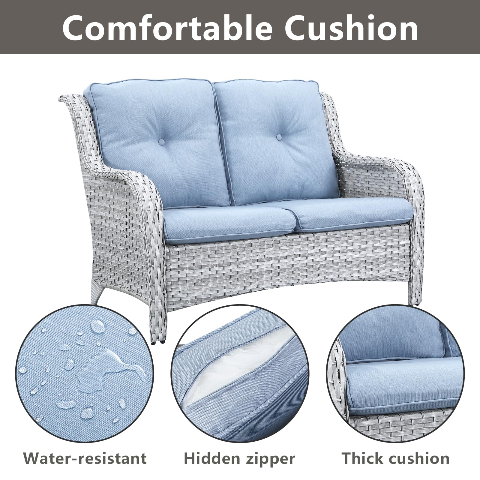 Outdoor Wicker Loveseat Patio Sofa - 2-Seater Rattan Couch with Deep Seating & Comfortable Cushions for Porch, Deck, Balcony (Light Grey/Sky Blue) | Perfect for Backyard Relaxation, Poolside Lounging & Garden Decor