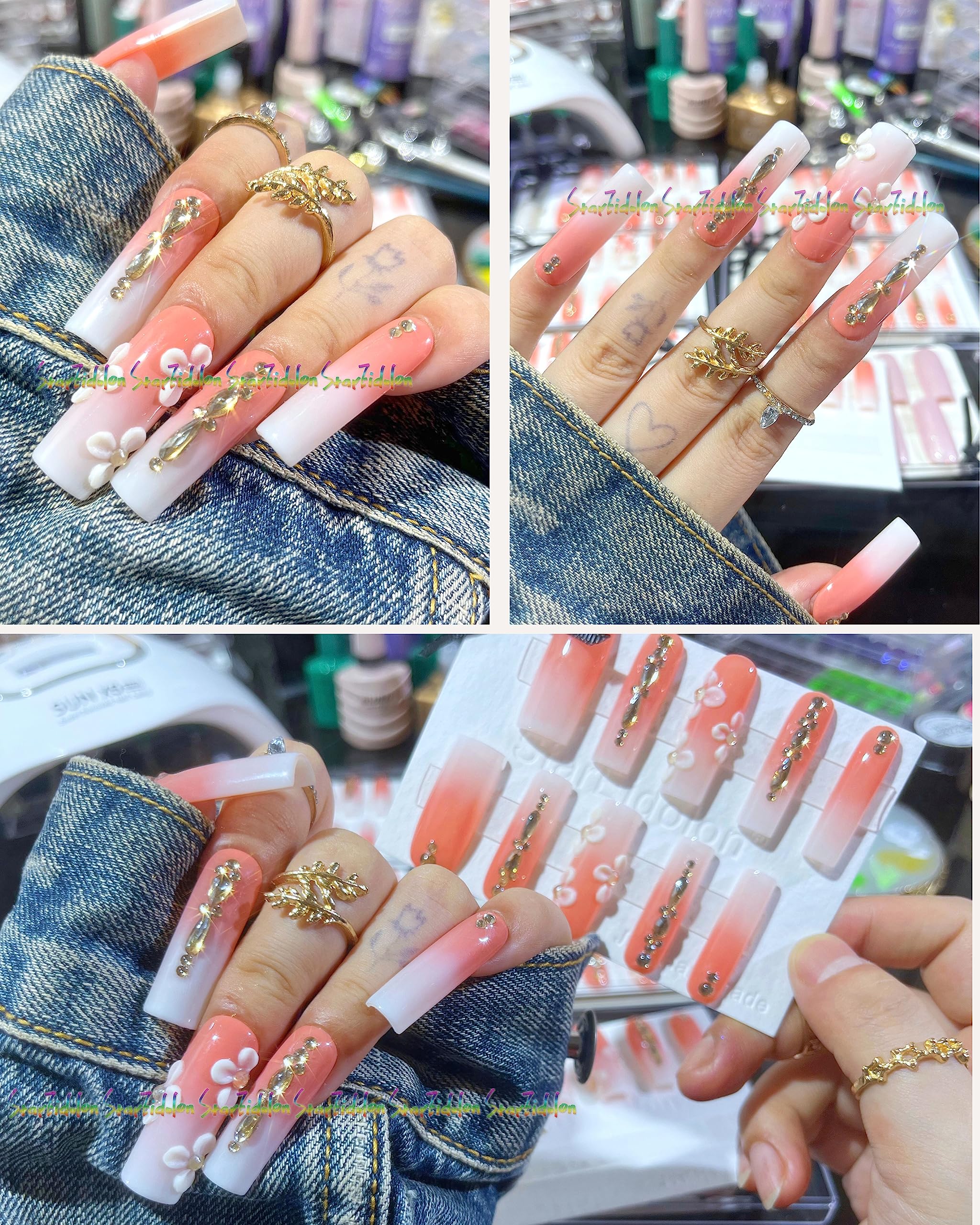 Hand-Painted White False Nails Set - Coffin Press on Nails Kit with Nail Glue | Medium Length Stick on Nails for Women | Perfect for Parties, Weddings, and Daily Wear (X-Small, Style 9)